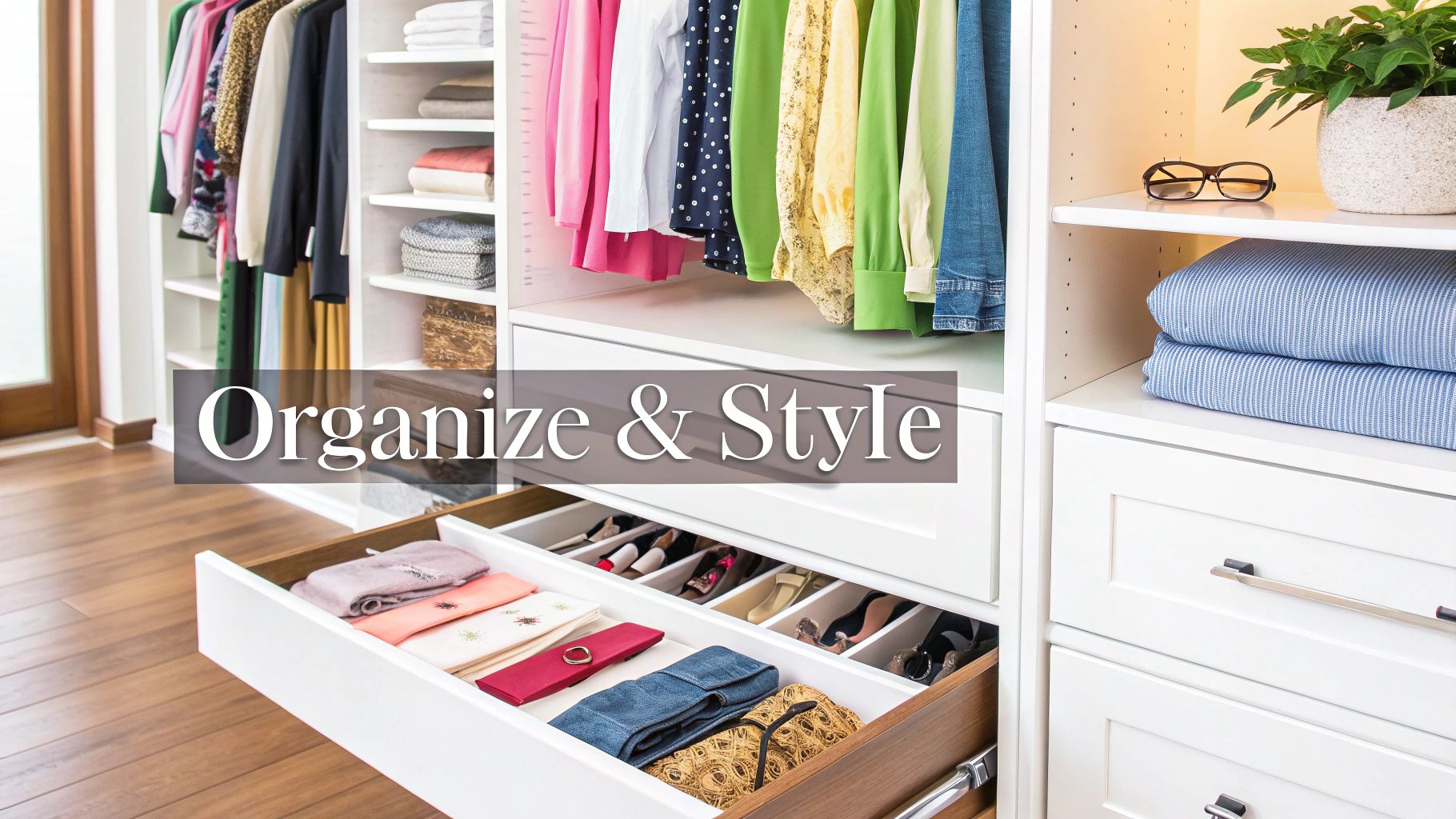 A stylish, organized walk-in wardrobe with hanging clothes, folded items, and open drawers of accessories.