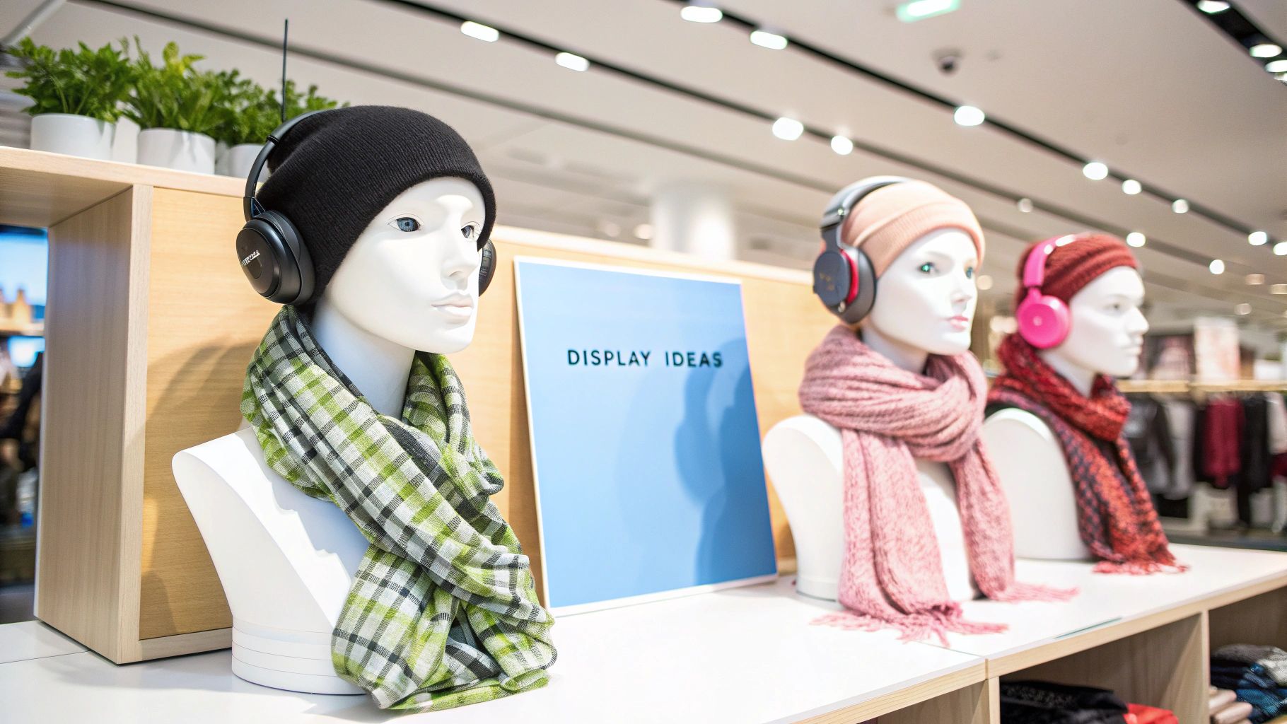 Three mannequin busts display hats, scarves, and headphones in a vibrant retail store.