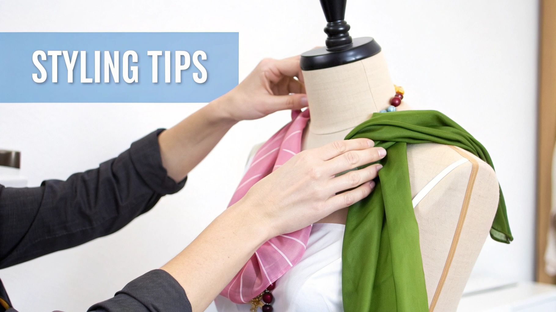 A person adjusting a shirt on a mannequin