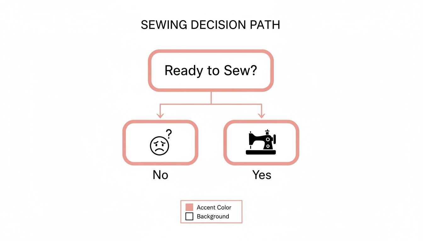A flowchart titled 'Sewing Decision Path' asks 'Ready to Sew?'. Options are 'No' (sad face) or 'Yes' (sewing machine).