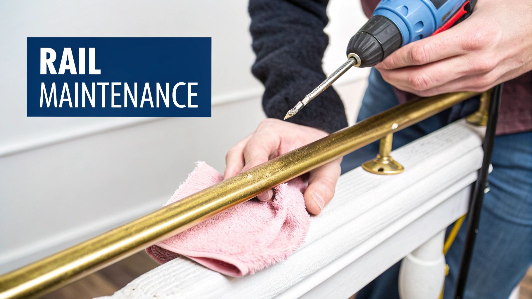 A person adjusting a hanging rail bracket on a wall.