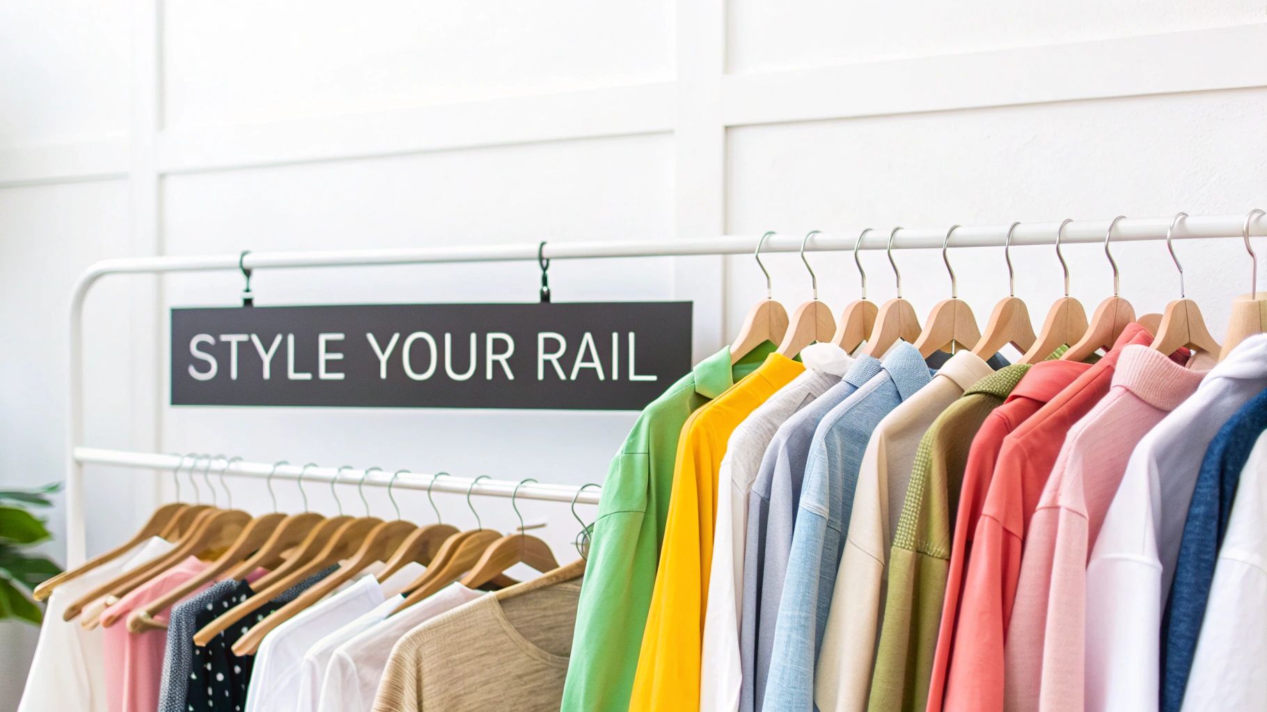 A stylishly organized clothes rail with colour-coordinated garments and uniform hangers against a clean wall.