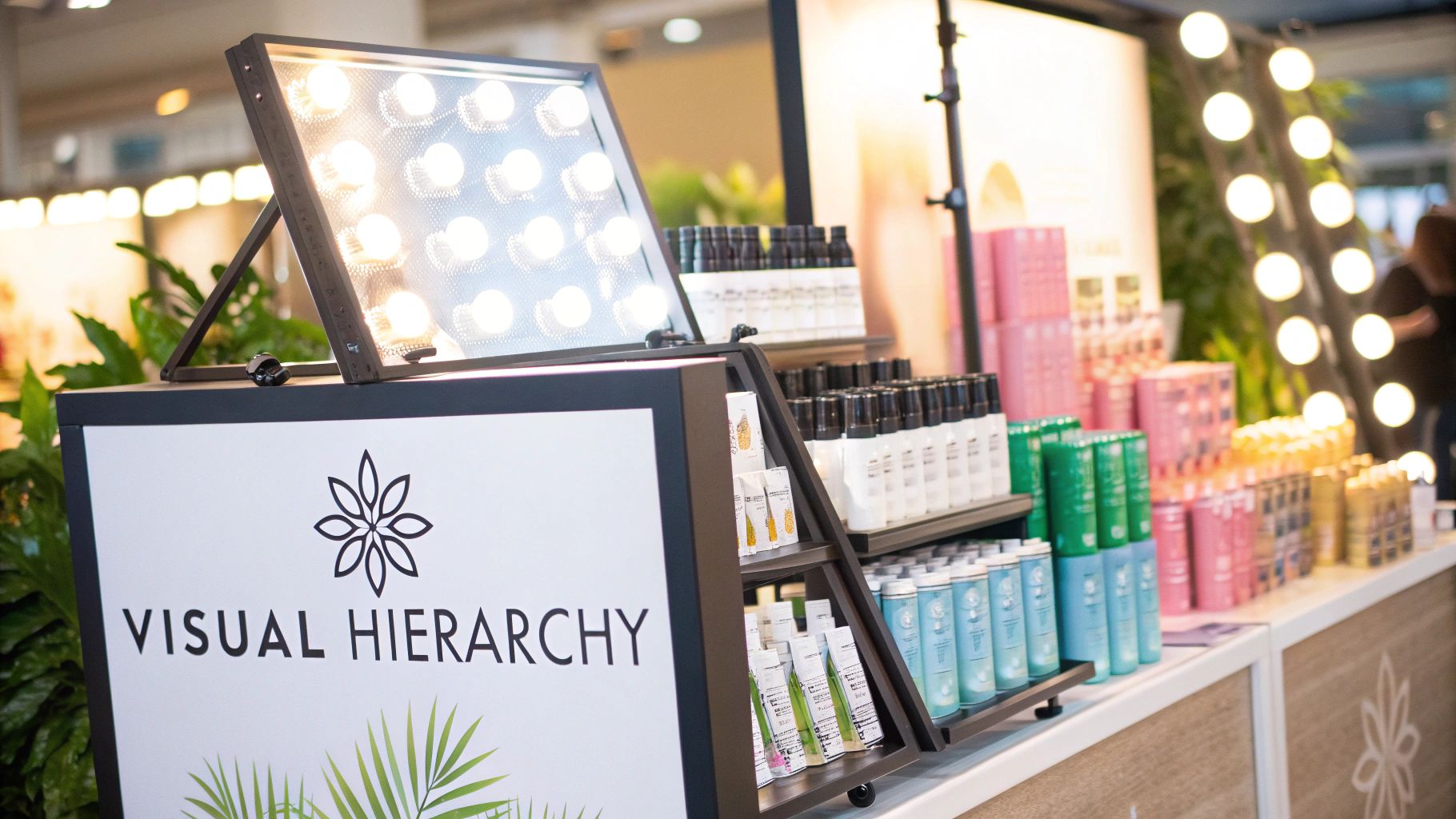 A visually appealing retail display with plants and home goods, showcasing effective merchandising techniques.
