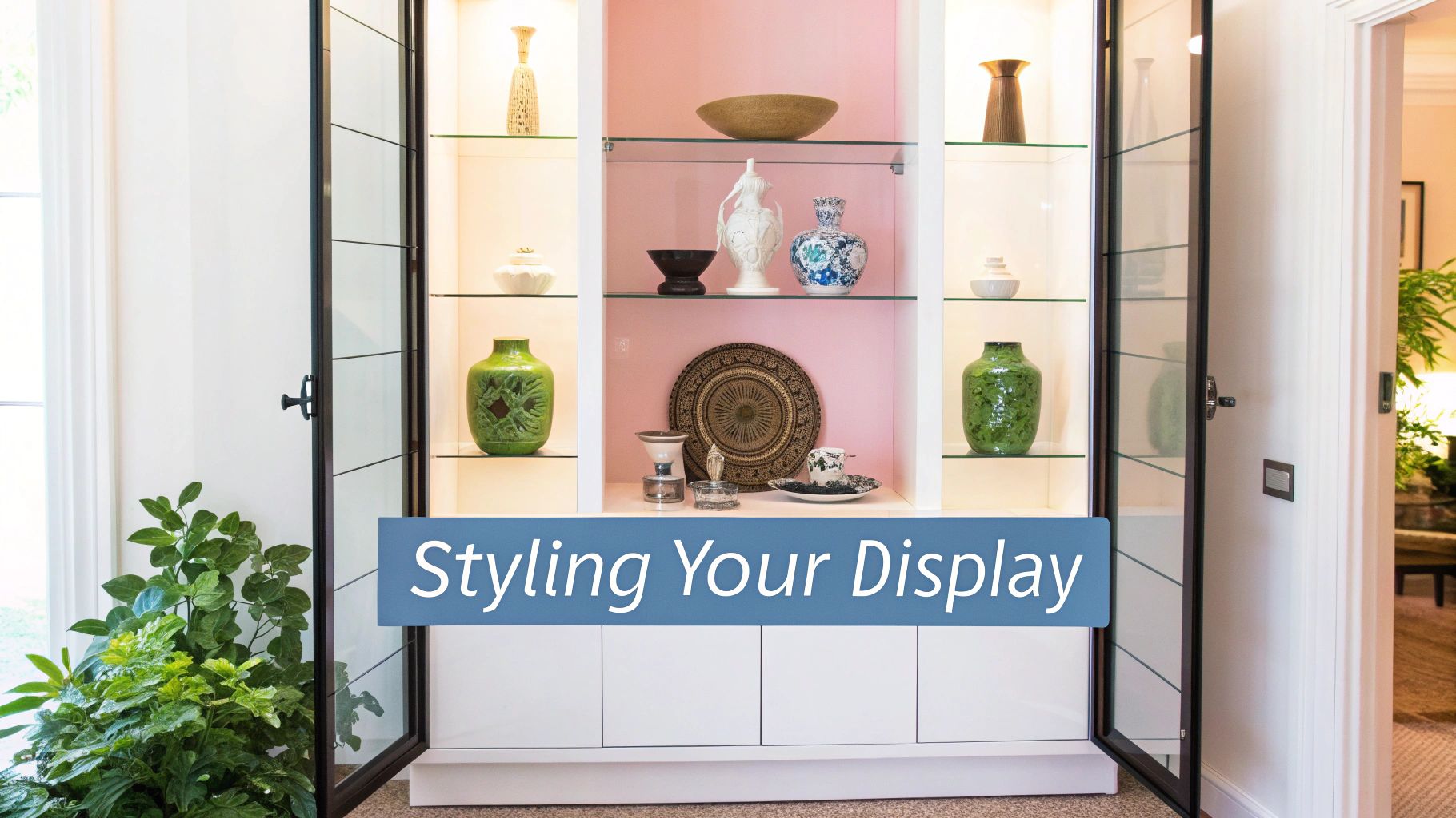 A glass display wall cabinet styled with minimalist vases and decor items.