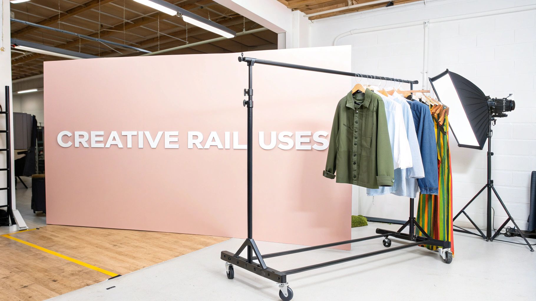 A black hanging wardrobe rail with clothes in a studio, a pink wall, and a softbox.