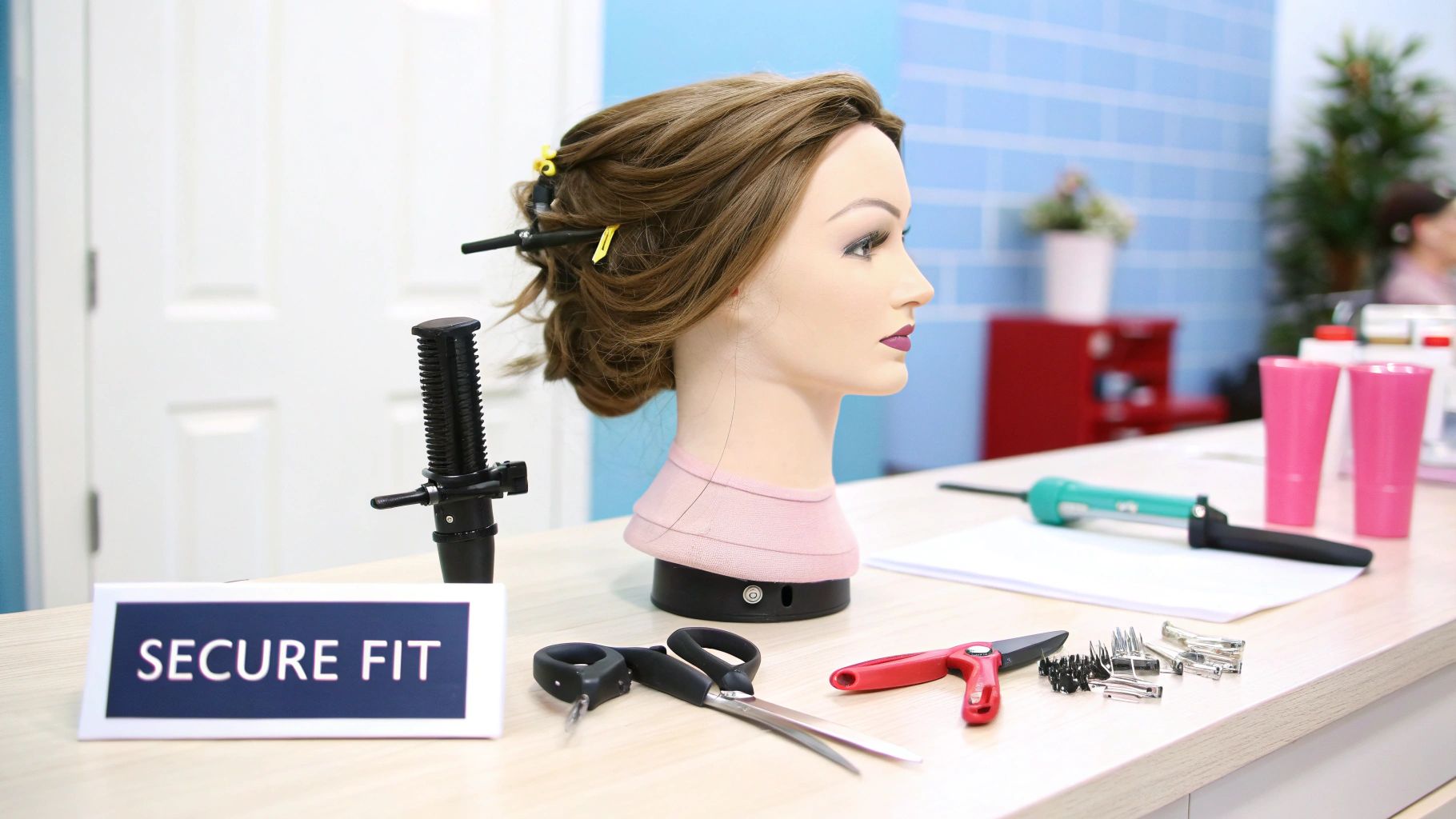 A person styling a blonde wig on a mannequin head with a curling iron.