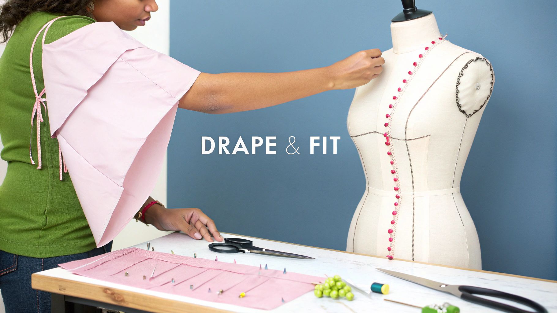 A designer drapes pink fabric on a dress form, surrounded by sewing tools for fitting.
