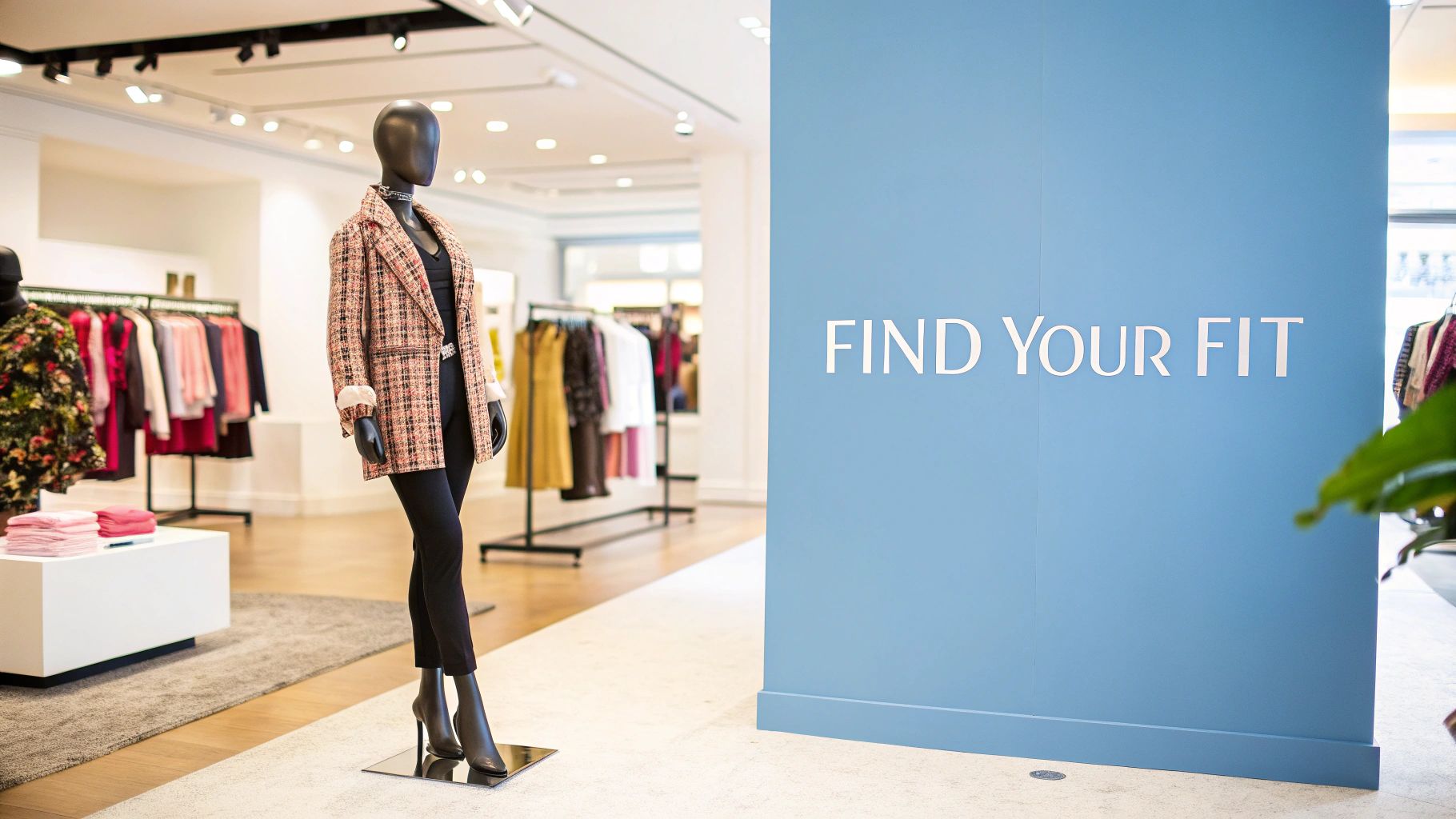 Several mannequins in a row wearing different outfits