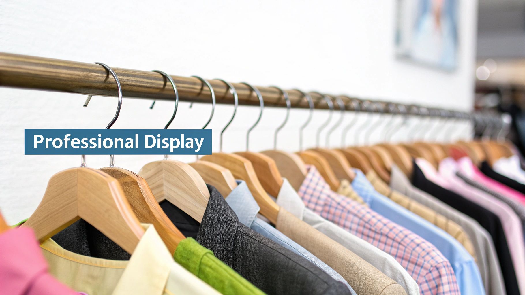 A professional display of colorful shirts on wooden hangers, neatly arranged on a wooden clothing rack.