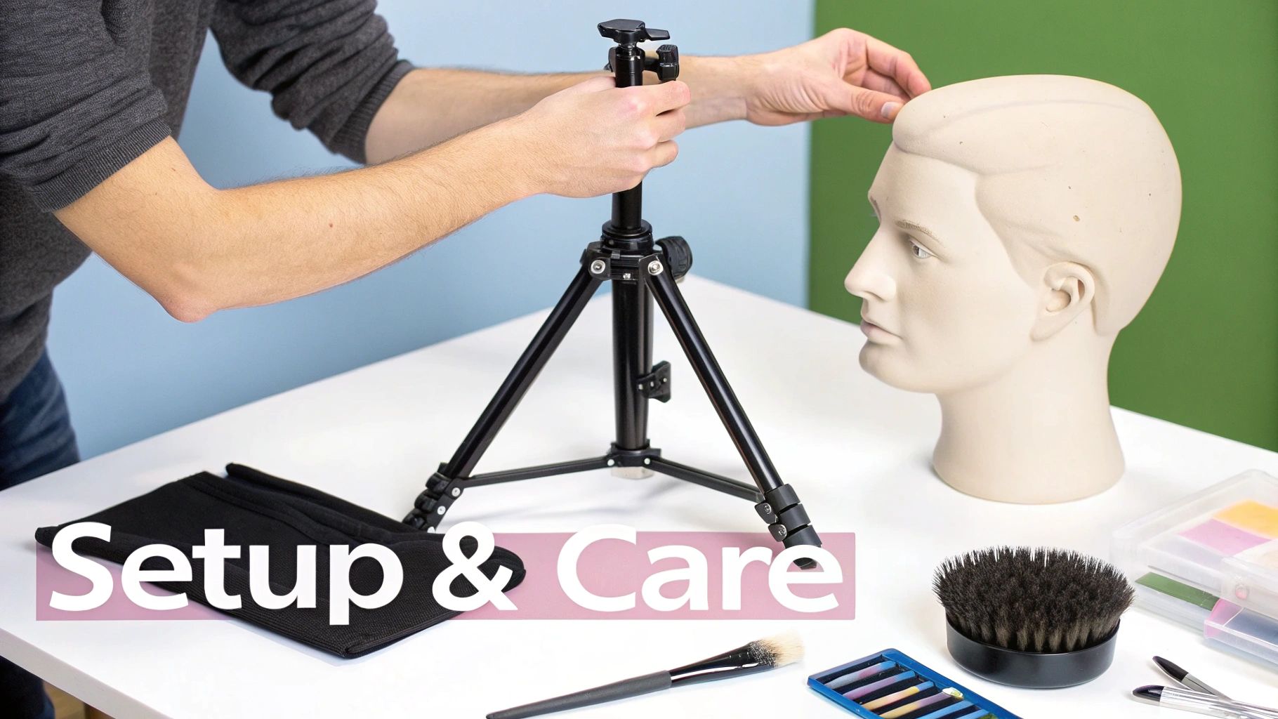 A person adjusts a black tripod stand next to a mannequin head and styling tools.
