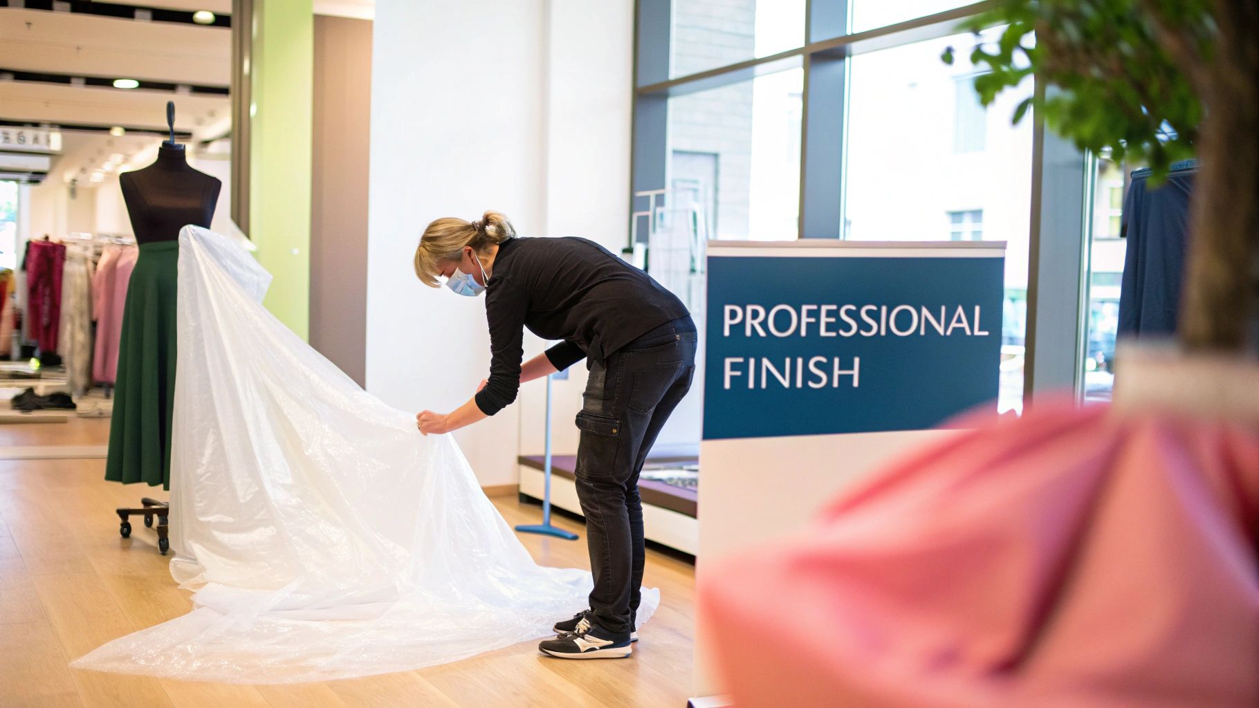A masked woman meticulously drapes white plastic sheeting over a mannequin dress in a retail store.