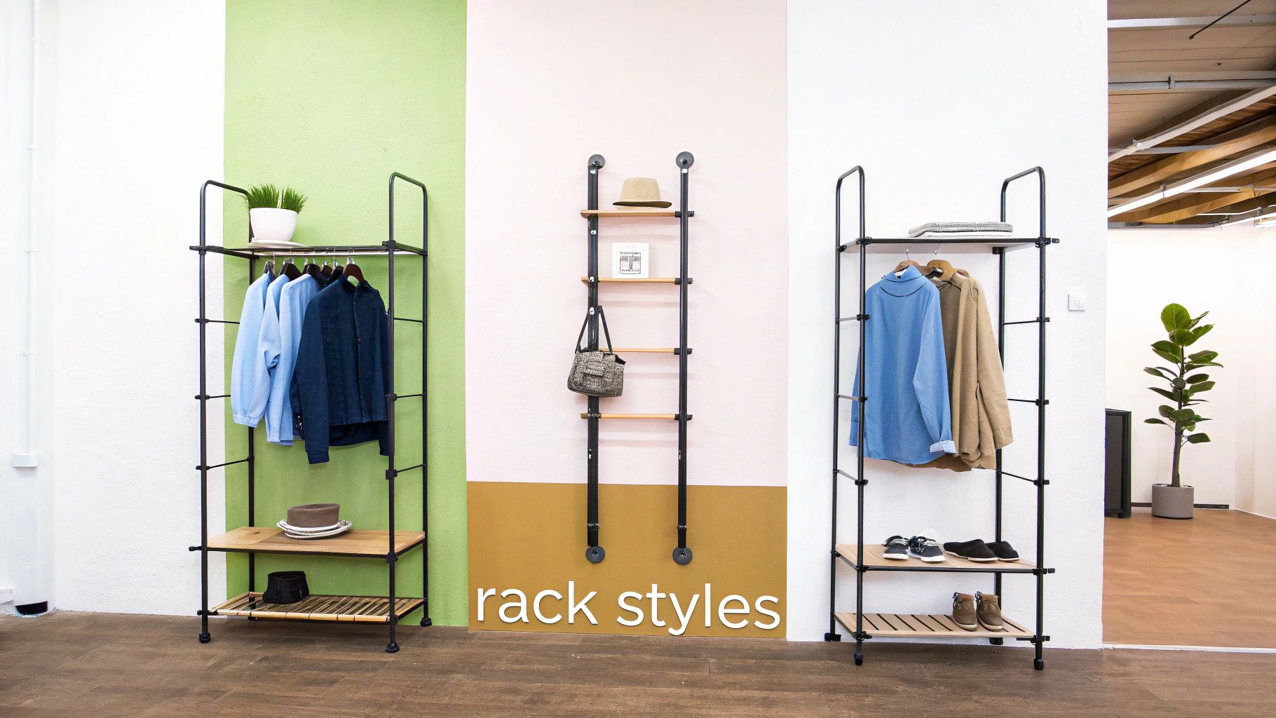 A modern wall-mounted clothes rack made of black metal and light wood, displaying a curated selection of clothing.