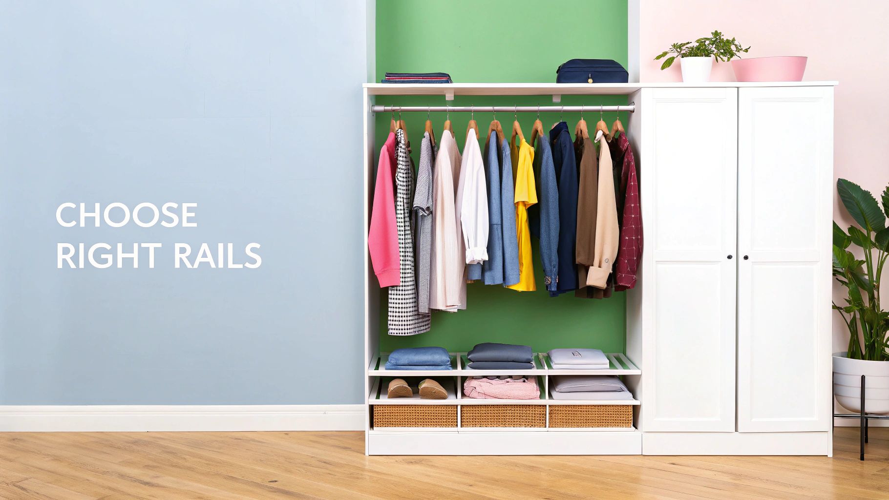 A light blue and green room with an open wardrobe featuring hanging clothes and folded items on shelves, next to a white closed wardrobe.
