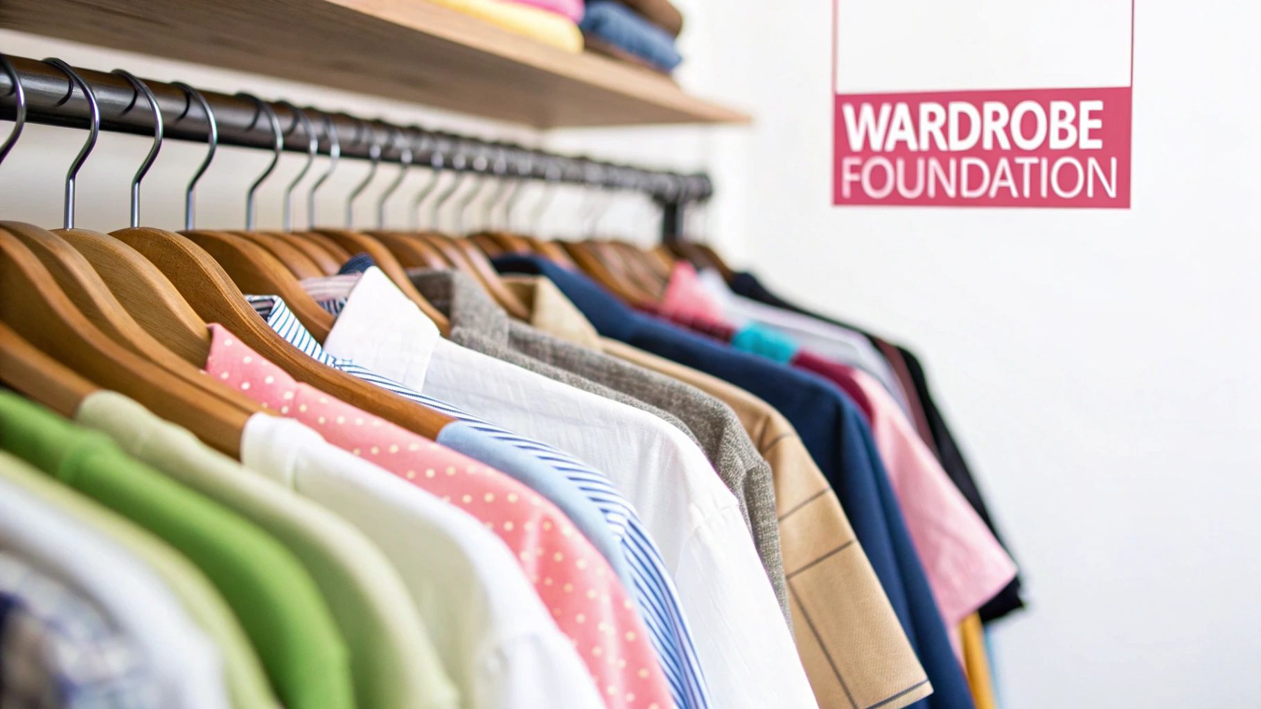 A clothing rail filled with various colorful shirts on wooden hangers, with a 'WARDROBE FOUNDATION' sign.