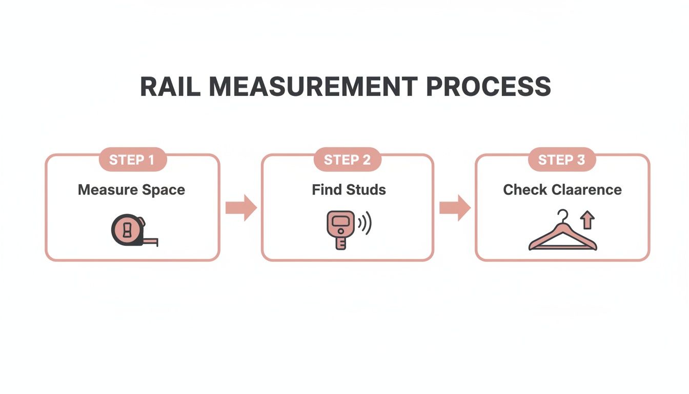 A three-step diagram showing the rail measurement process: measure space, find studs, and check clearance.