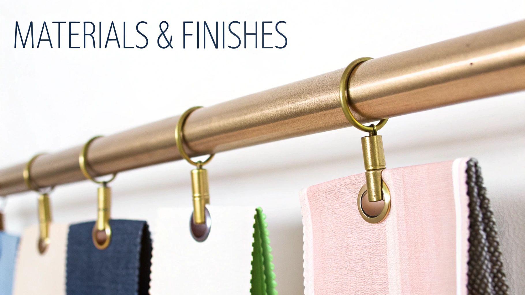 Fabric swatches in various colors and textures hanging from a gold rail.