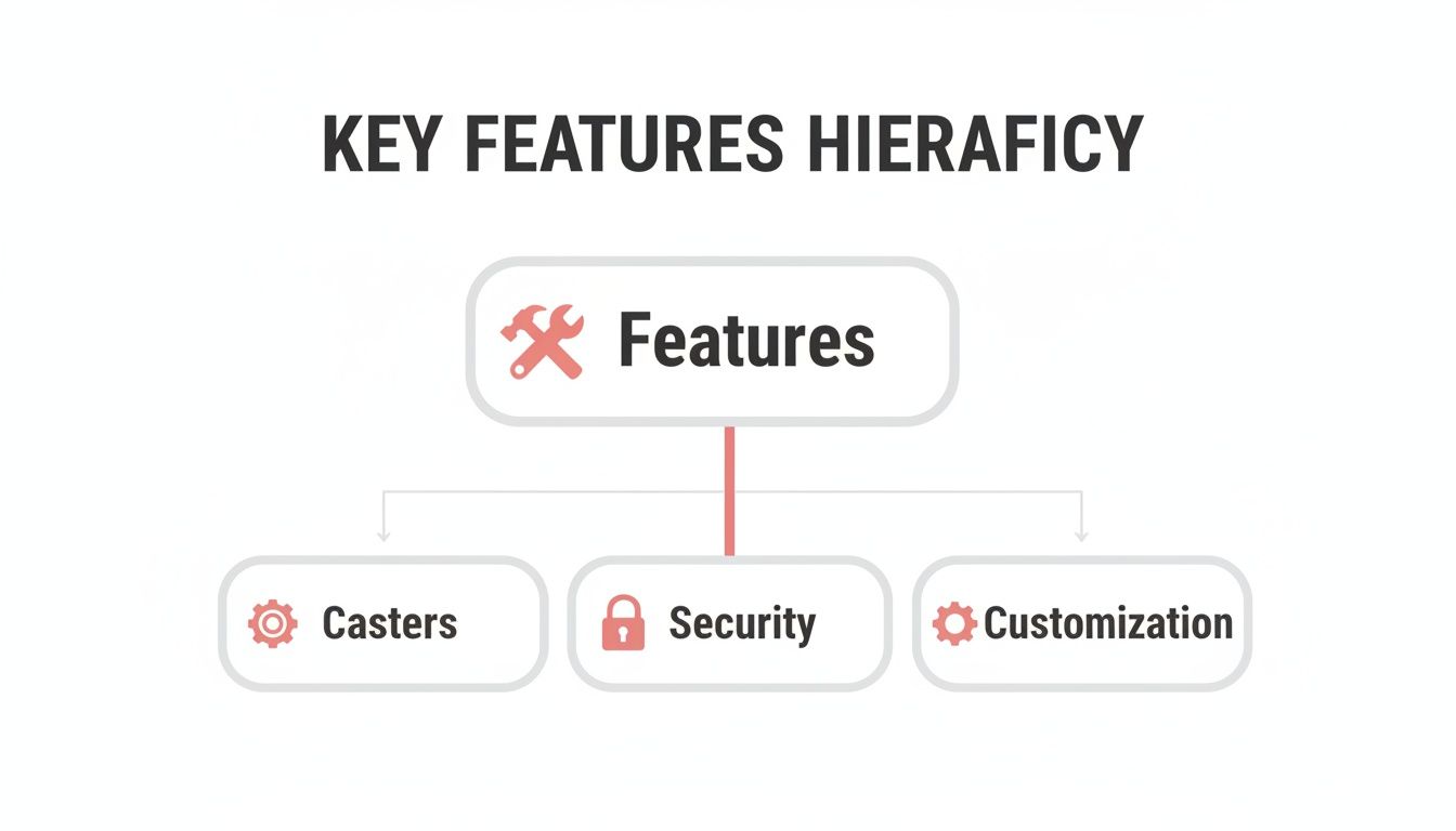 Hierarchy chart illustrating key product features: Casters, Security, and Customization, stemming from a central Features node.