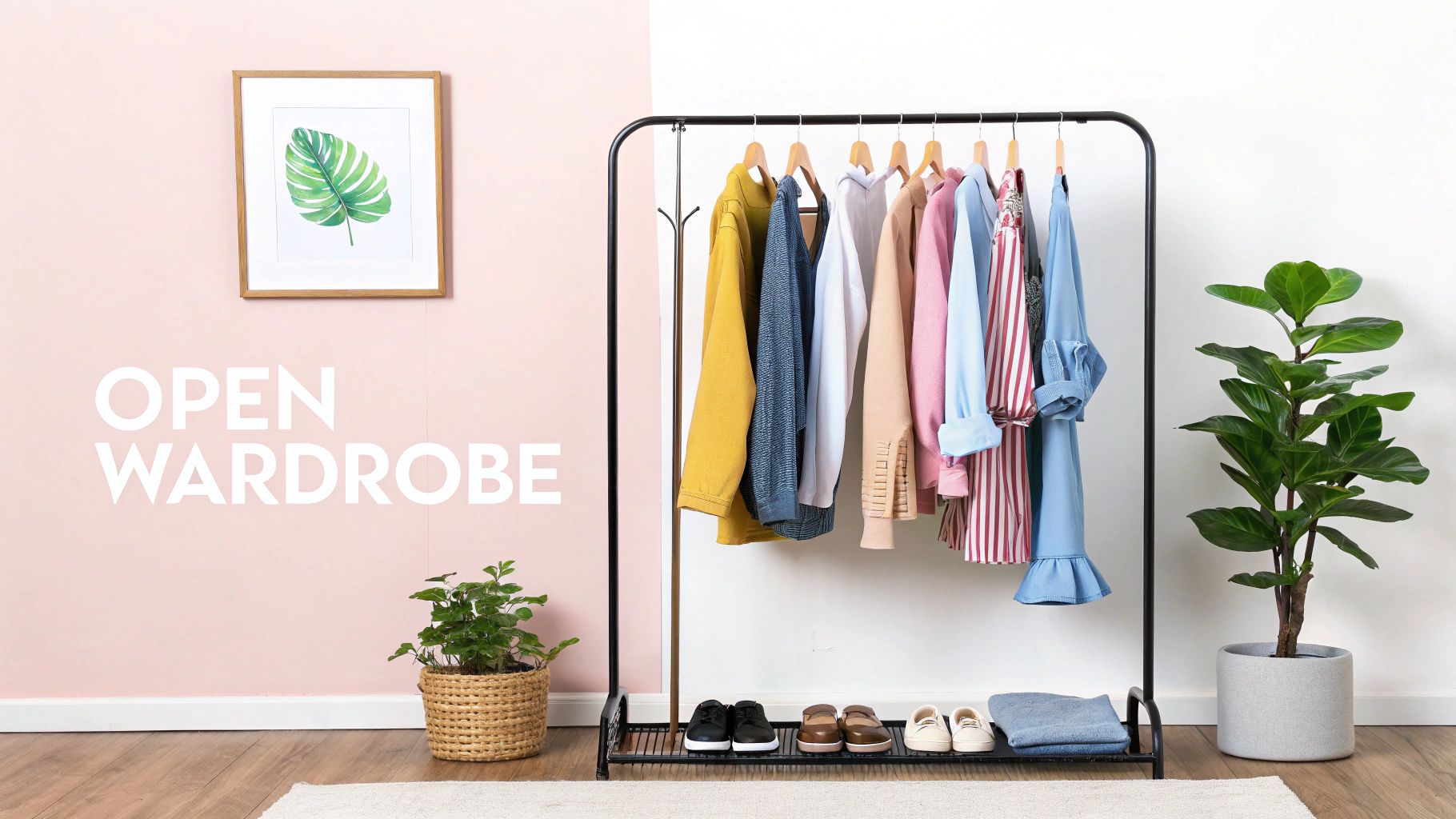 An open wardrobe setup with a black clothes rail holding colorful garments, shoes, and plants on a pink and white wall.