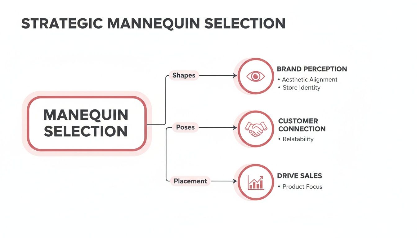 Diagram detailing strategic mannequin selection, showing how shapes, poses, and placement impact brand perception, customer connection, and sales.