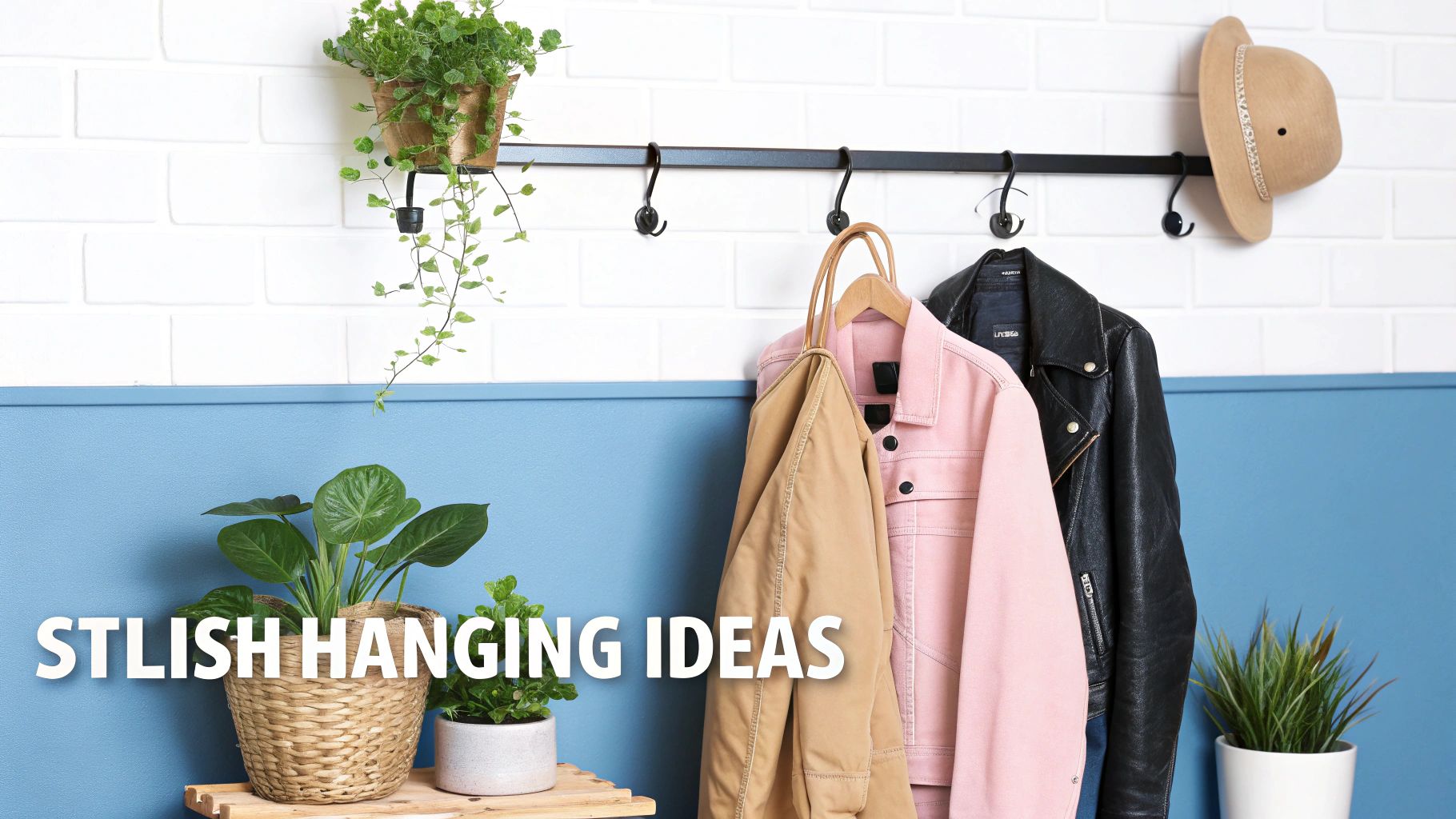 A stylishly decorated room featuring a wall mount hanging rail used for plants and decor.