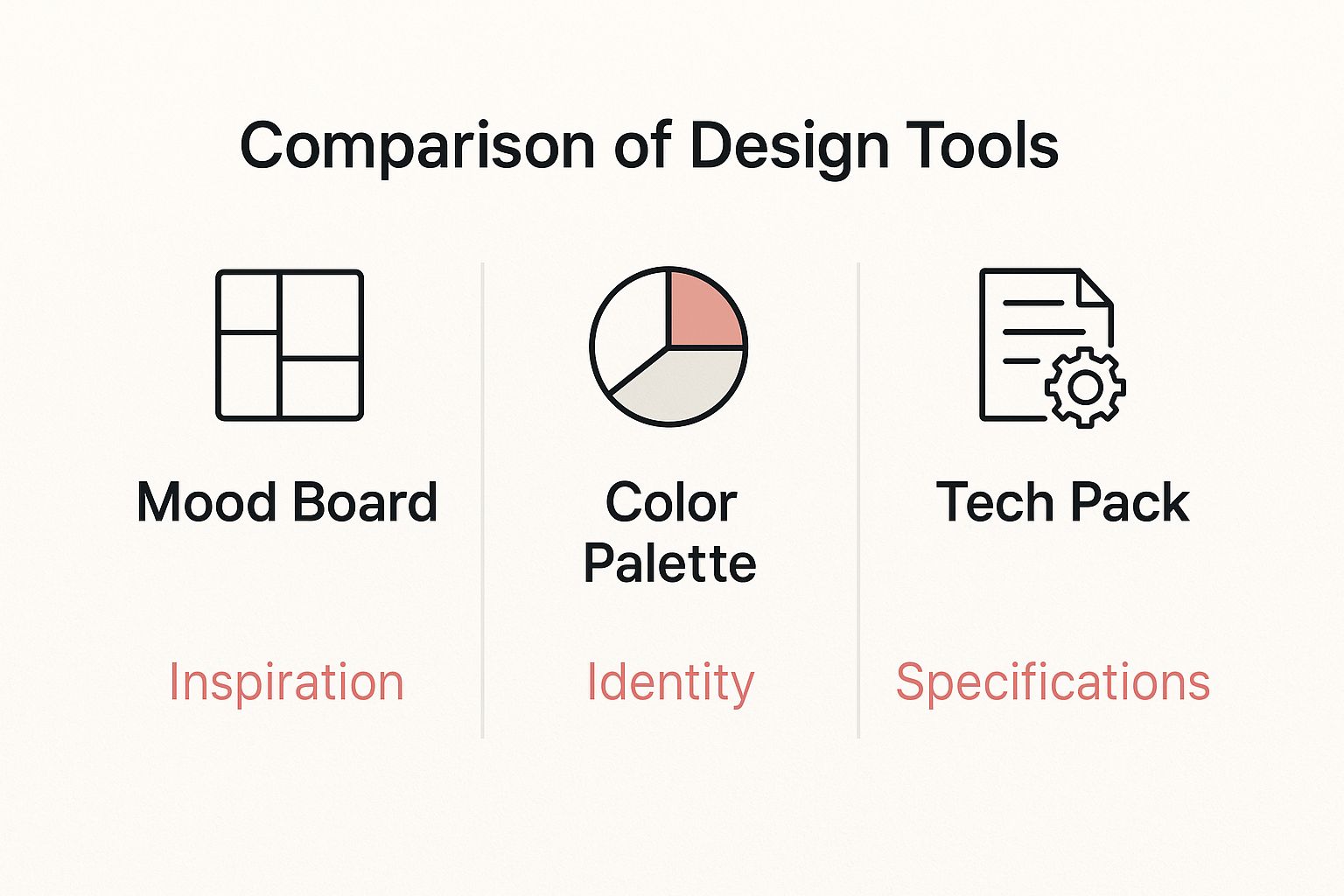 Infographic comparing Mood Board, Color Palette, and Tech Pack with keywords Inspiration, Identity, and Specifications