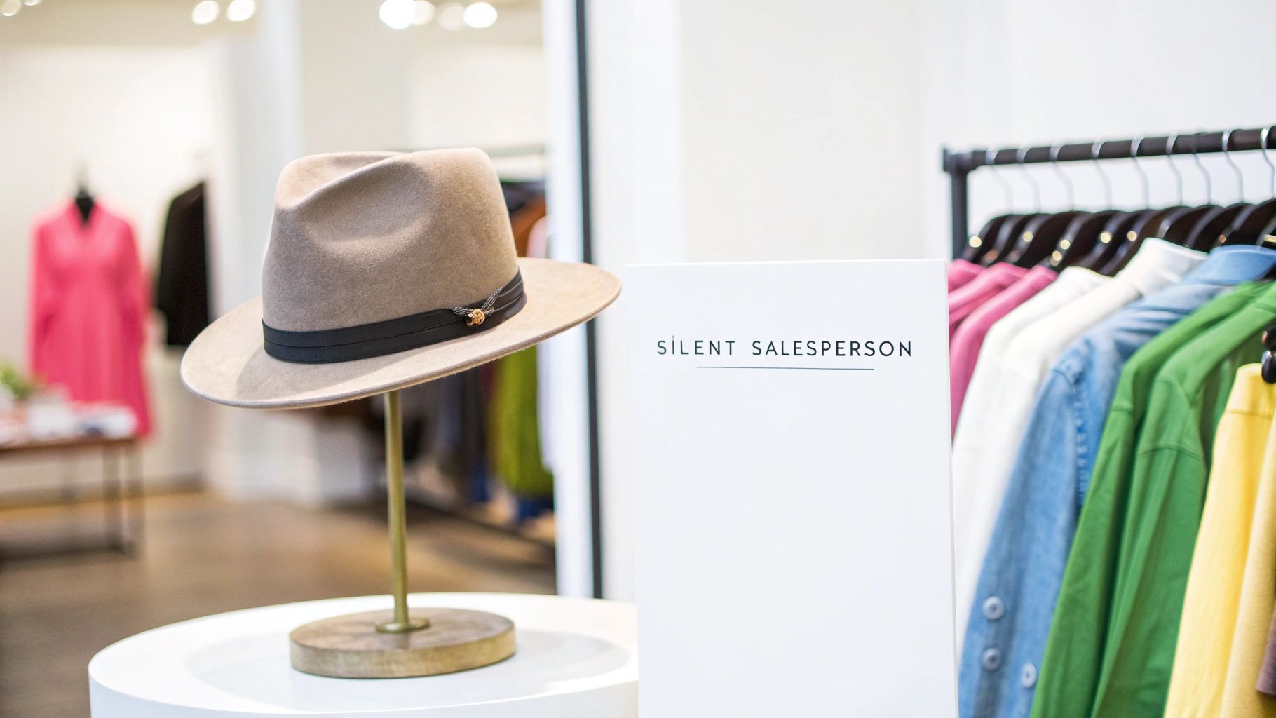 A stylish light brown fedora hat on a display stand in a modern clothing store with colorful garments.