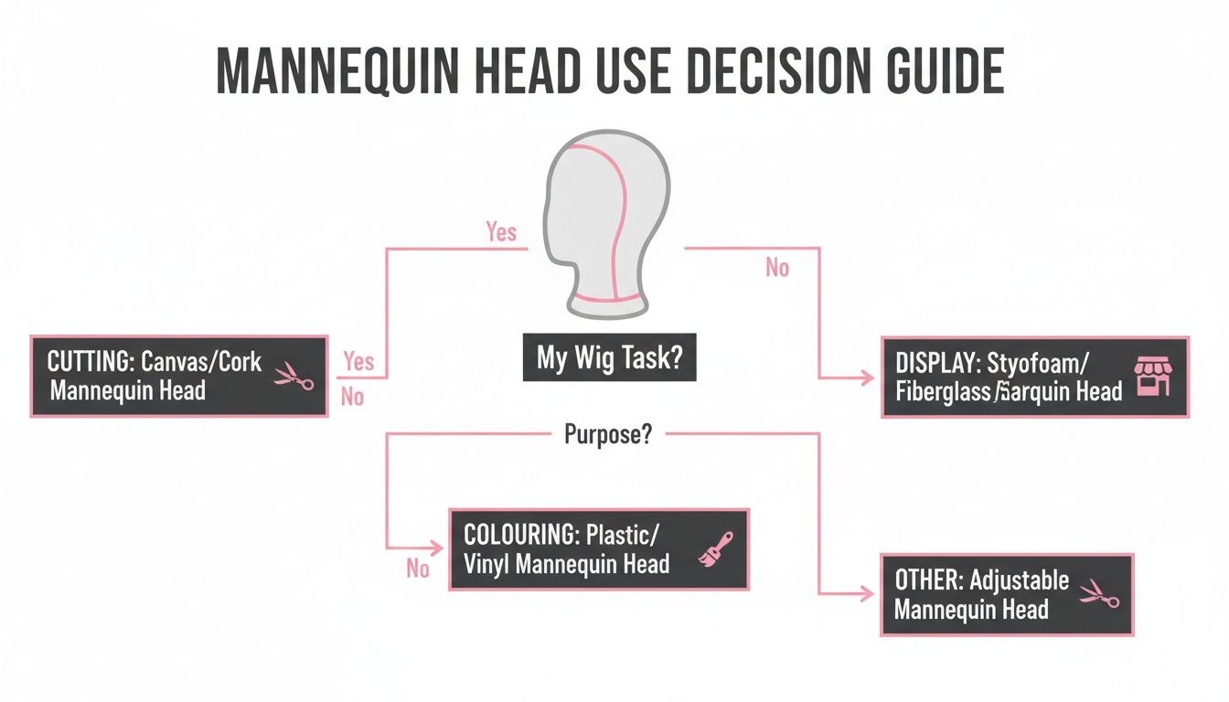 A flowchart decision guide helps users select the appropriate mannequin head based on their wig task or purpose.