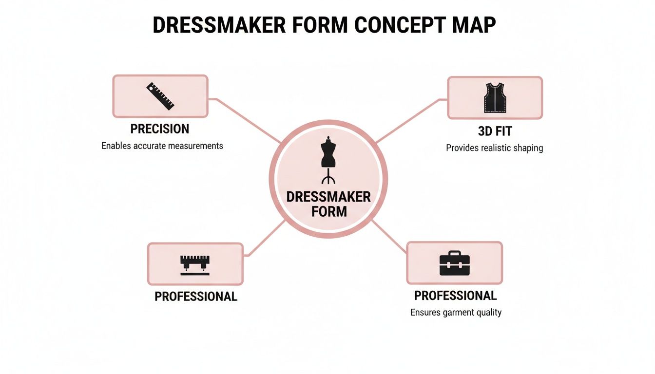 Dressmaker form concept map illustrating precision, 3D fit, and professional garment quality with icons.