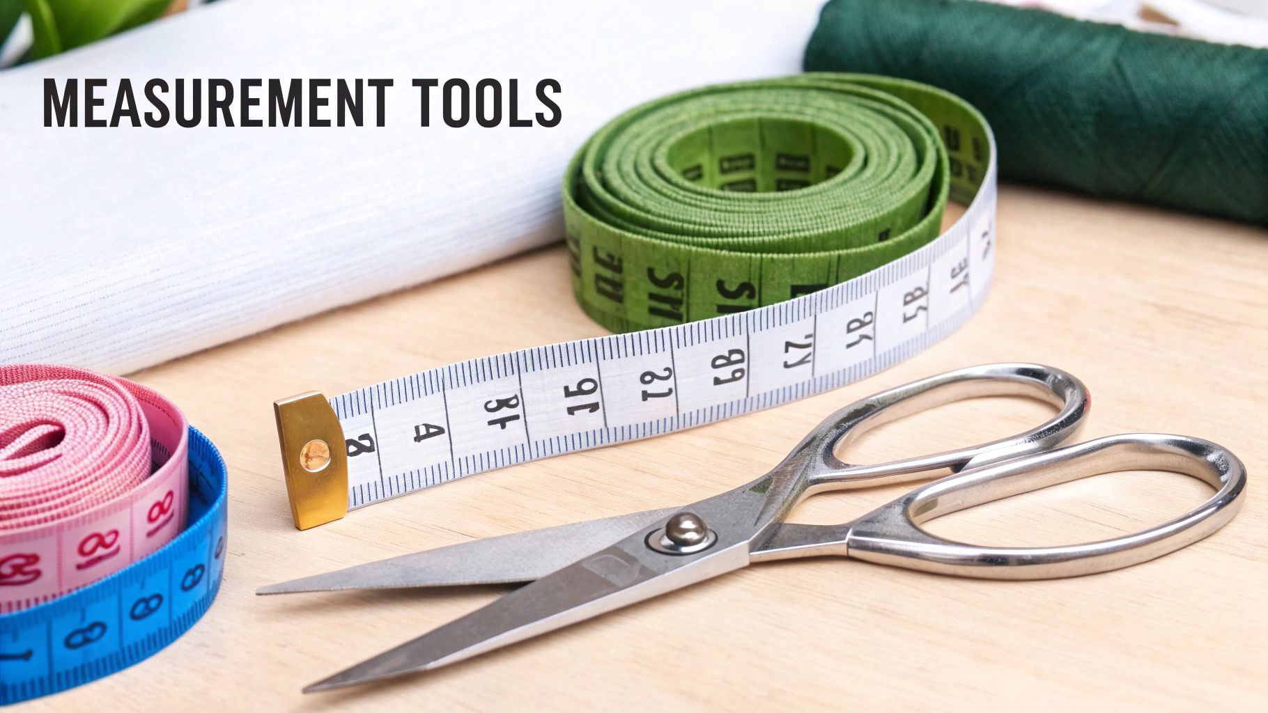 A flexible measuring tape, notebook, and scissors arranged neatly on a wooden surface