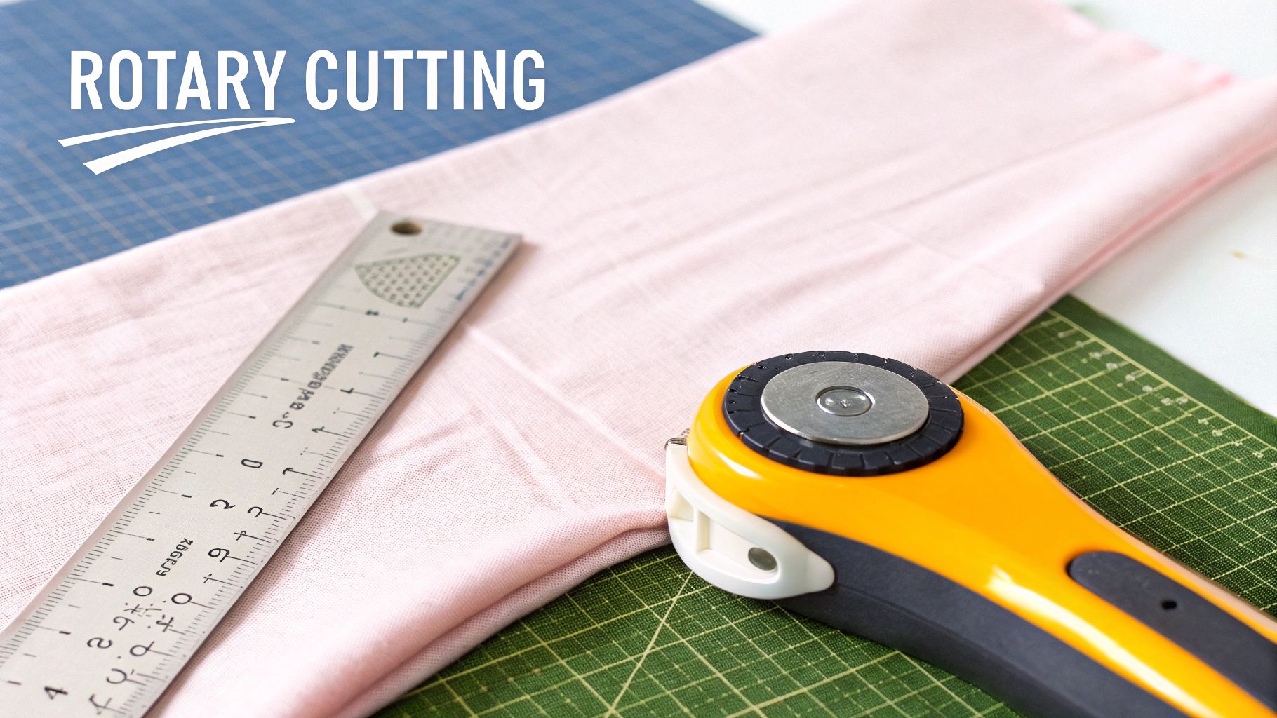 A rotary cutter poised next to a clear acrylic ruler on a gridded cutting mat.