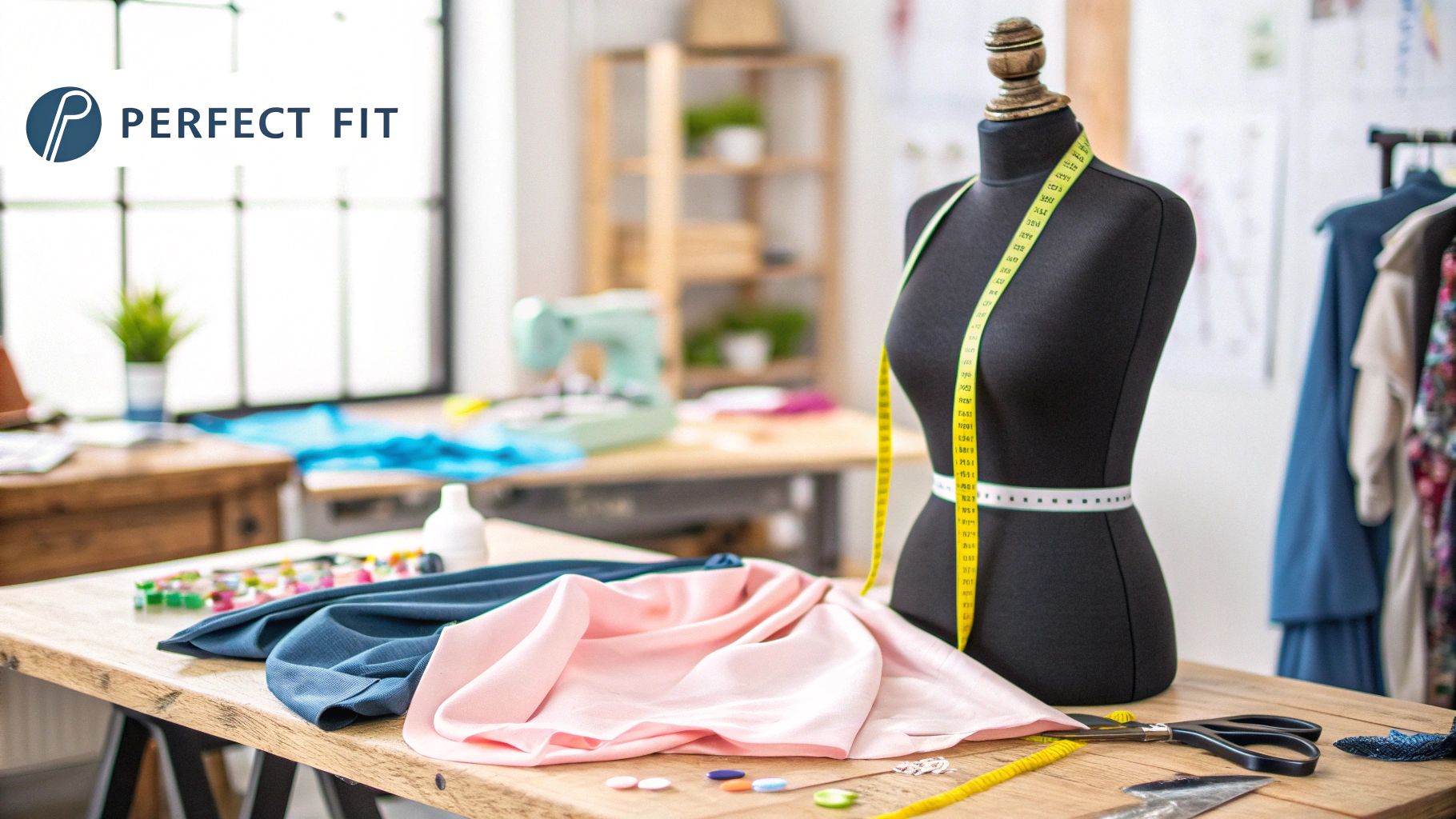 A sewist adjusts a garment on an adjustable sewing mannequin in a well-lit studio.