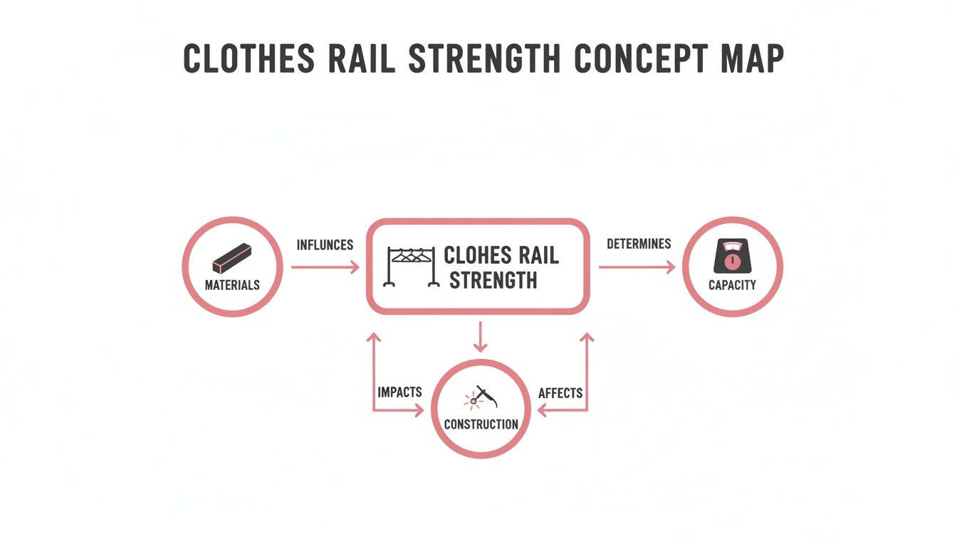 A concept map illustrating factors influencing clothes rail strength, including materials, construction, and capacity.