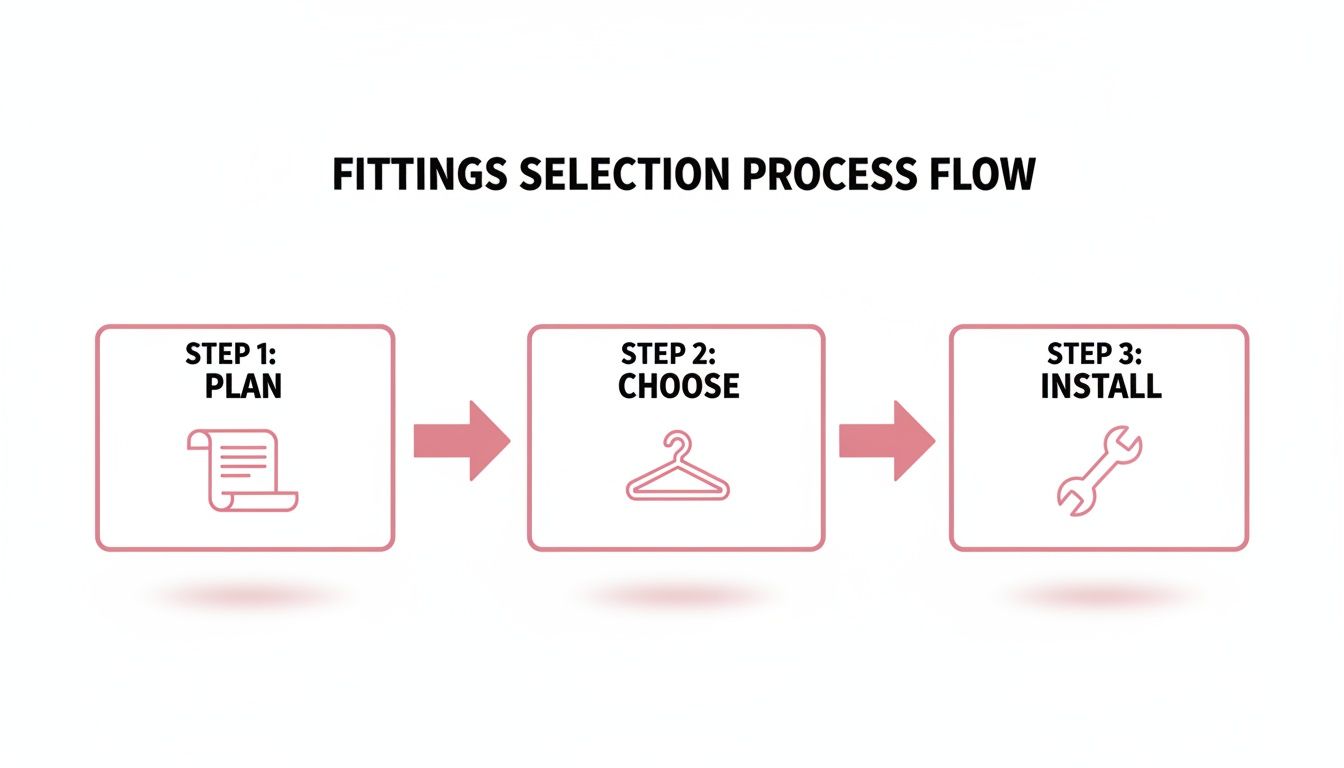 A process flow diagram illustrating three key steps for fittings selection: plan, choose, and install.