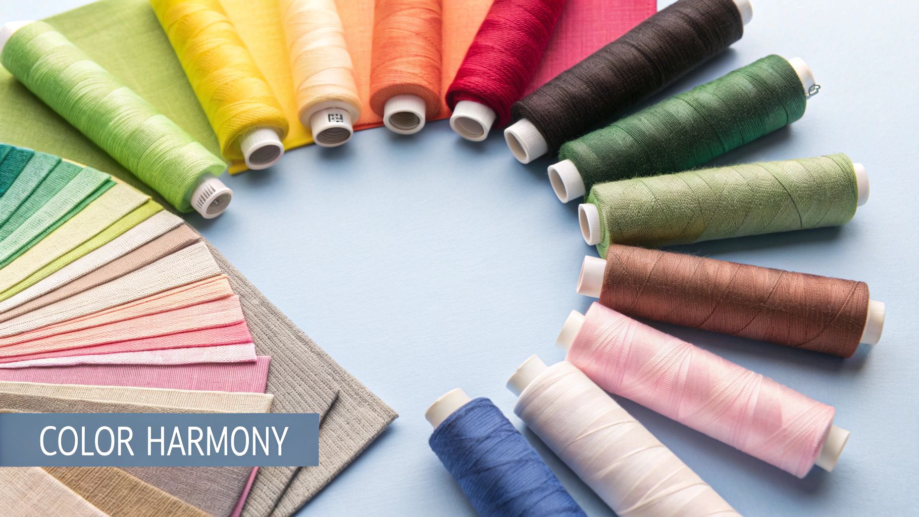 An assortment of colourful fabric swatches and thread spools arranged to demonstrate colour theory principles in sewing and crafting.