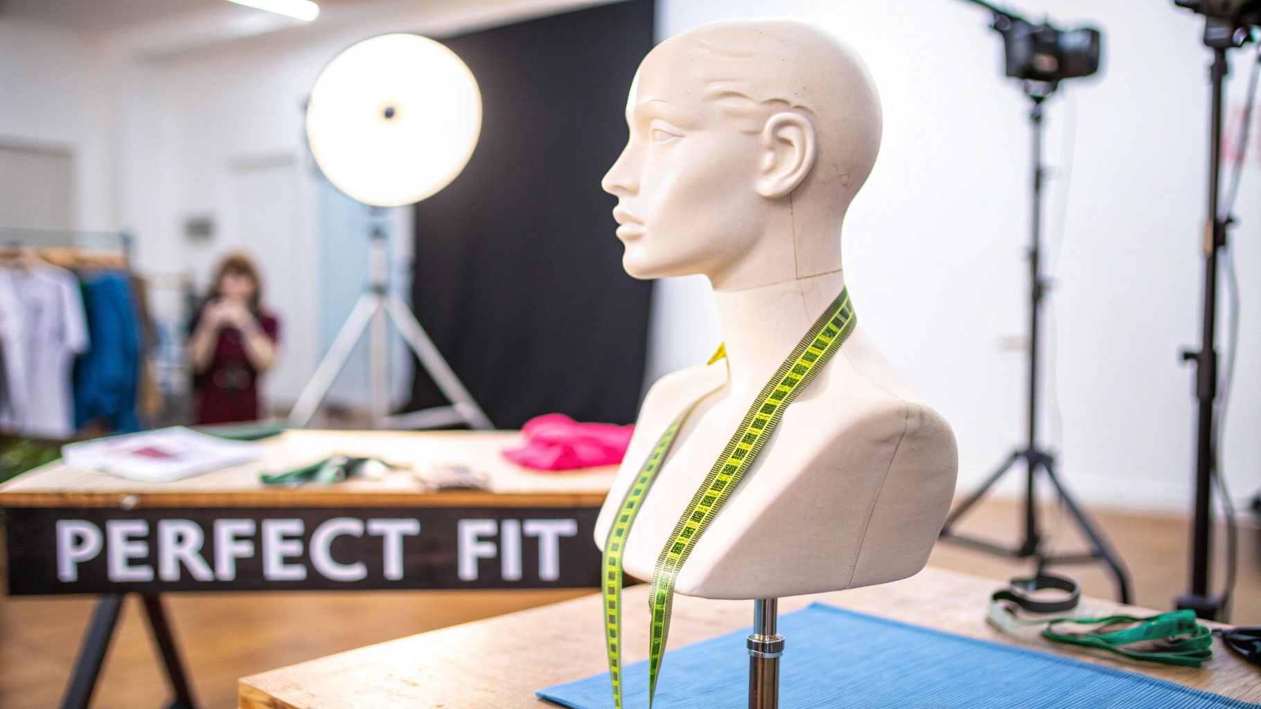 A mannequin torso with a measuring tape, in a professional fashion studio with lighting equipment.