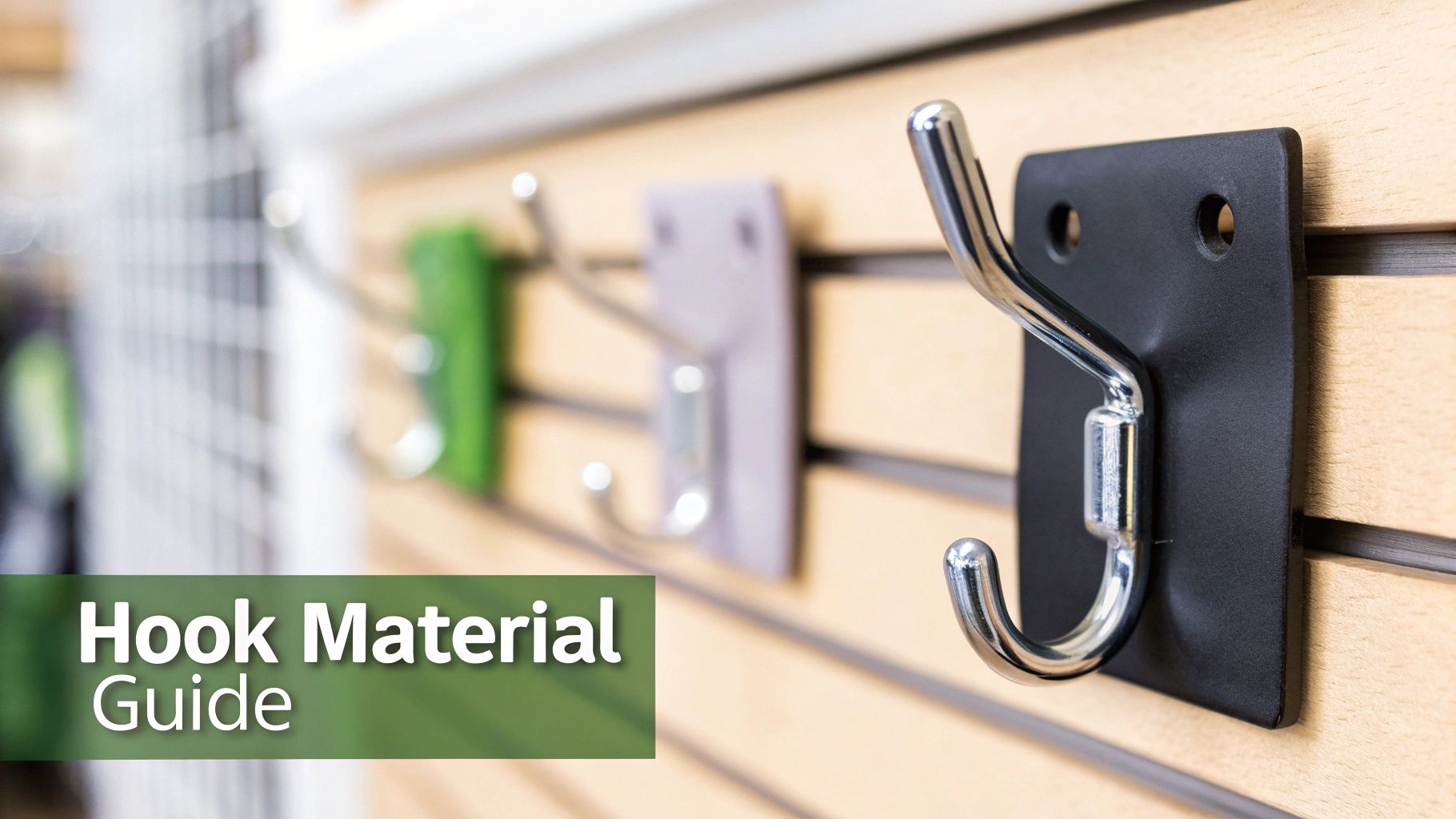 A shiny metal hook mounted on a black plate on a light wooden slat wall, with other hooks blurred.