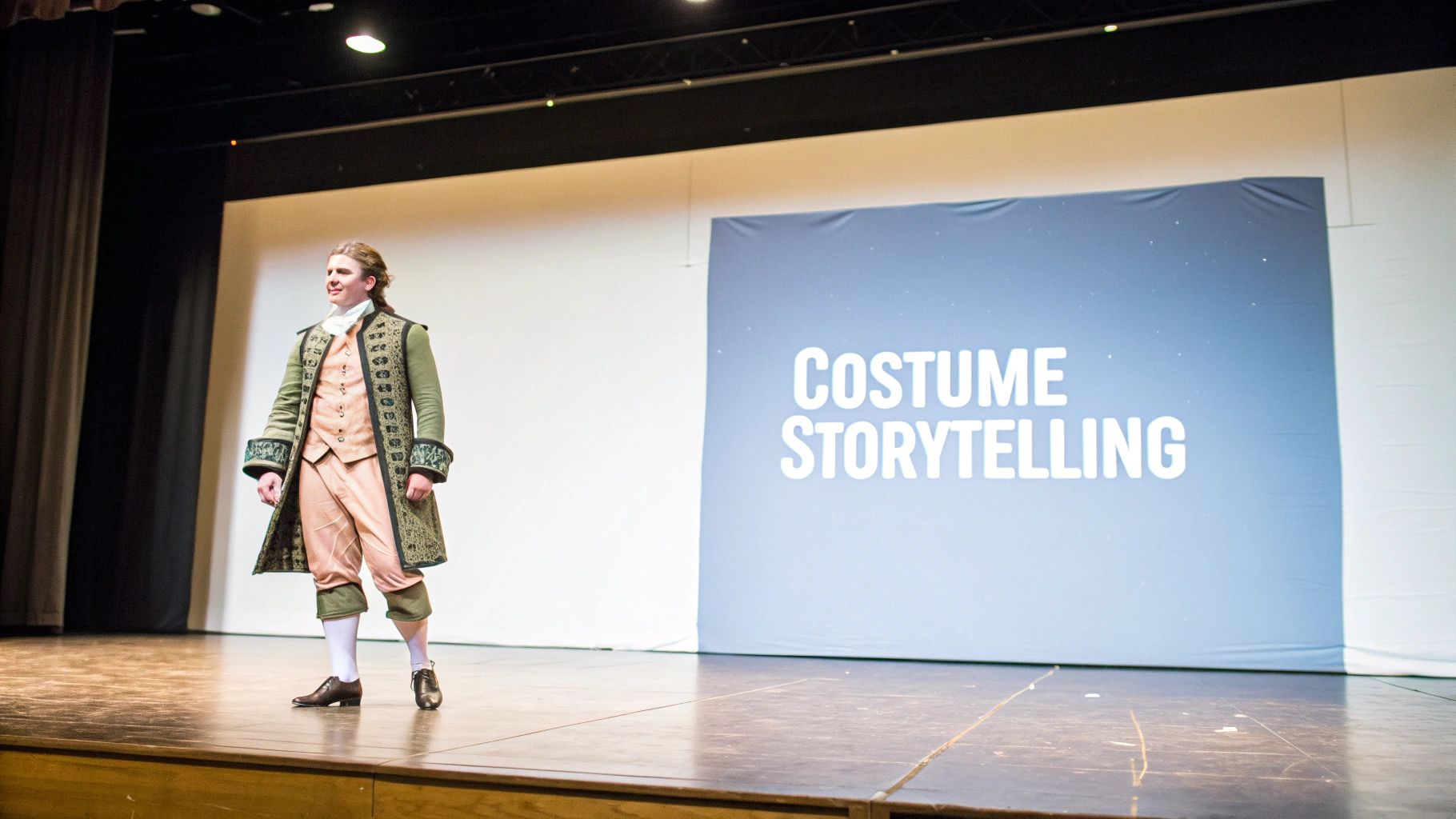 A man in elaborate historical costume stands on a stage in front of a blue 'COSTUME STORYTELLING' backdrop.