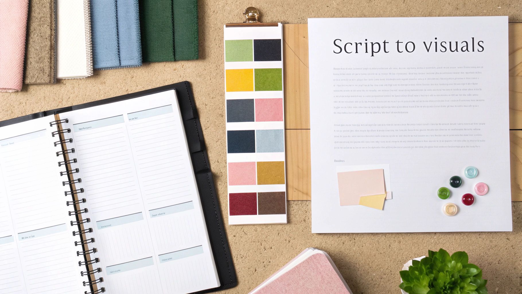 A creative workspace flat lay with a 'Script to visuals' document, planner, fabric swatches, and a color palette.