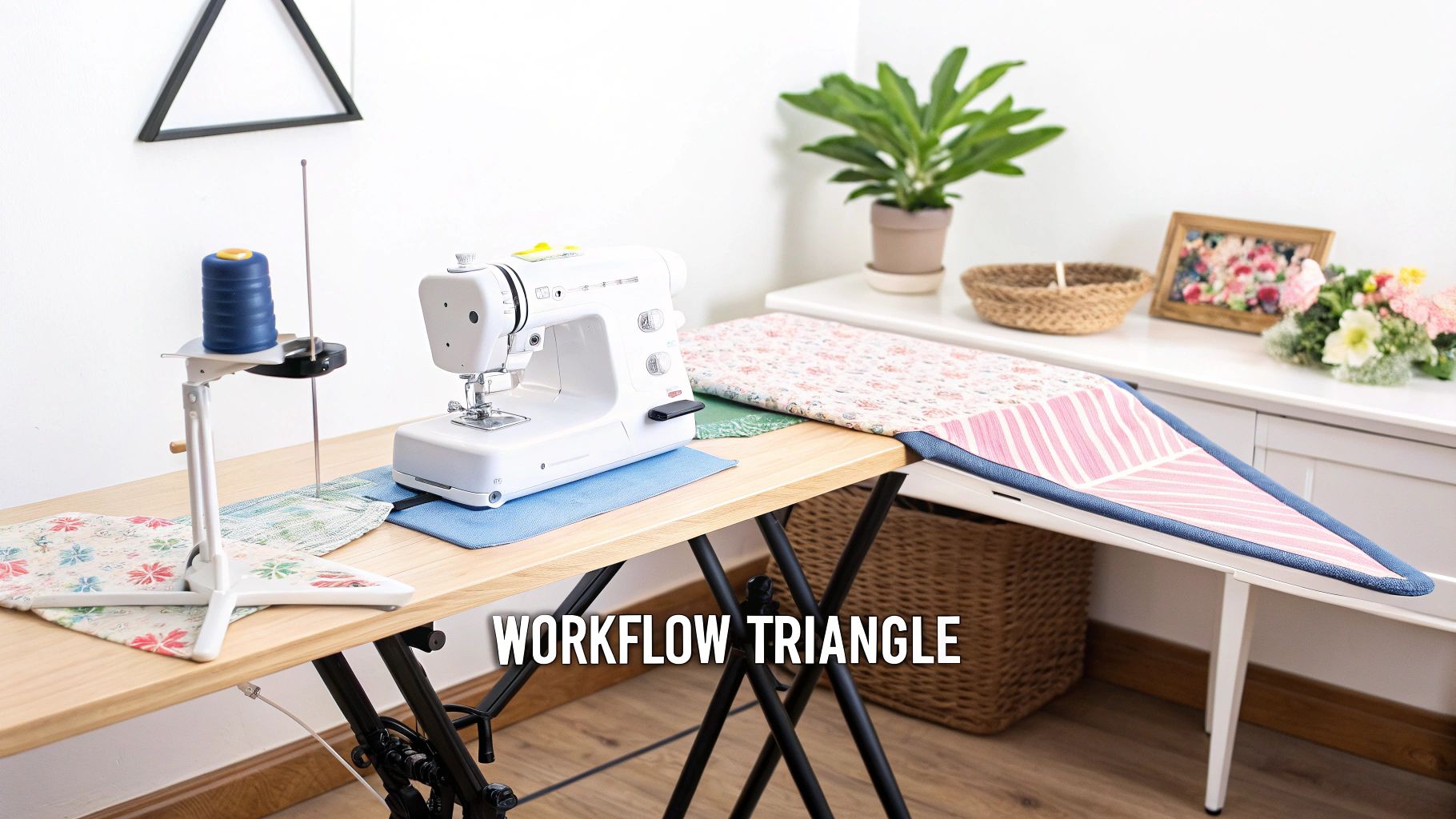 A bright sewing workflow setup with a white sewing machine, thread stand, and attached ironing board on a wooden table.