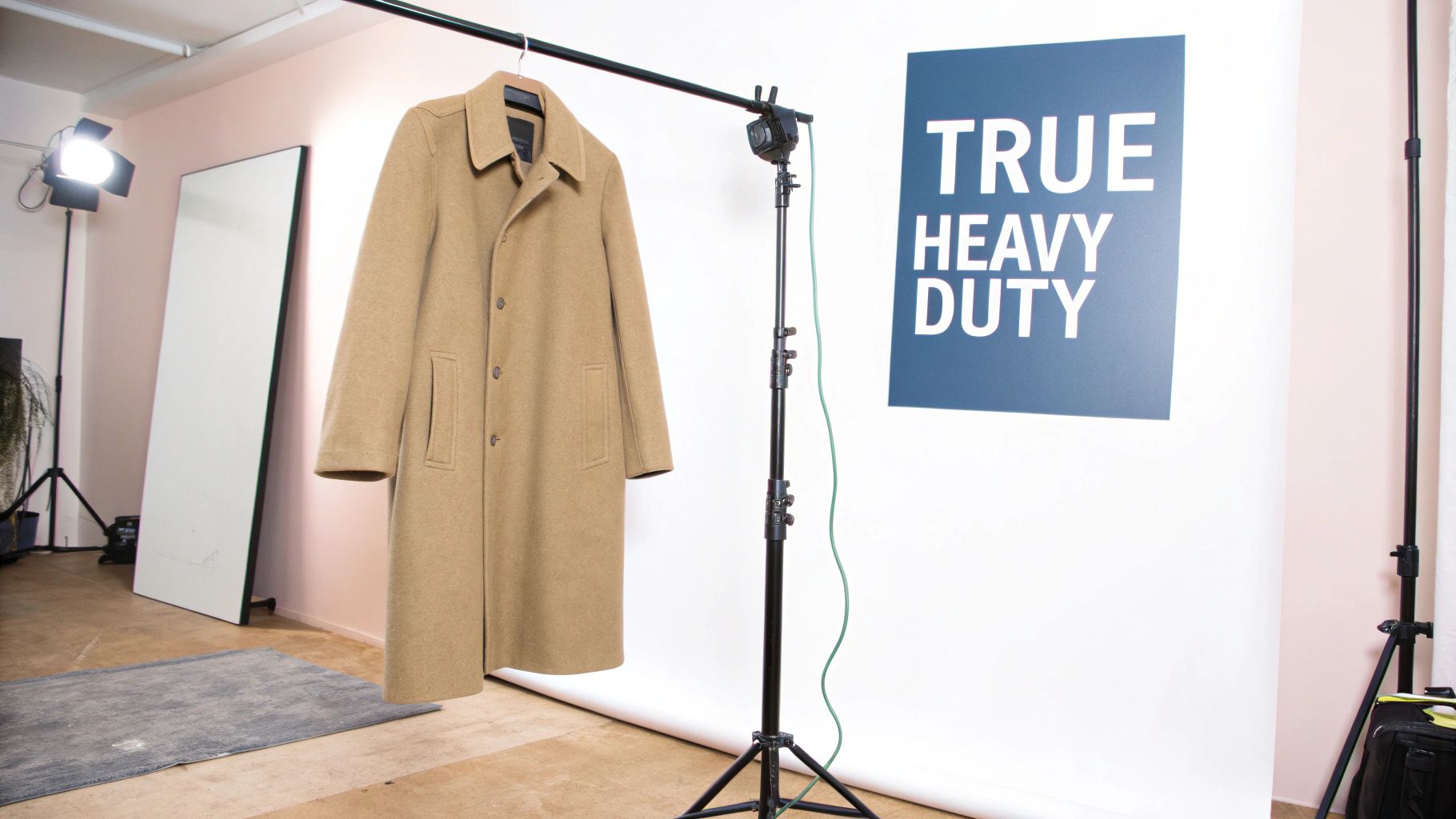 A long, heavy-duty beige winter coat displayed on a hanger in a professional studio.
