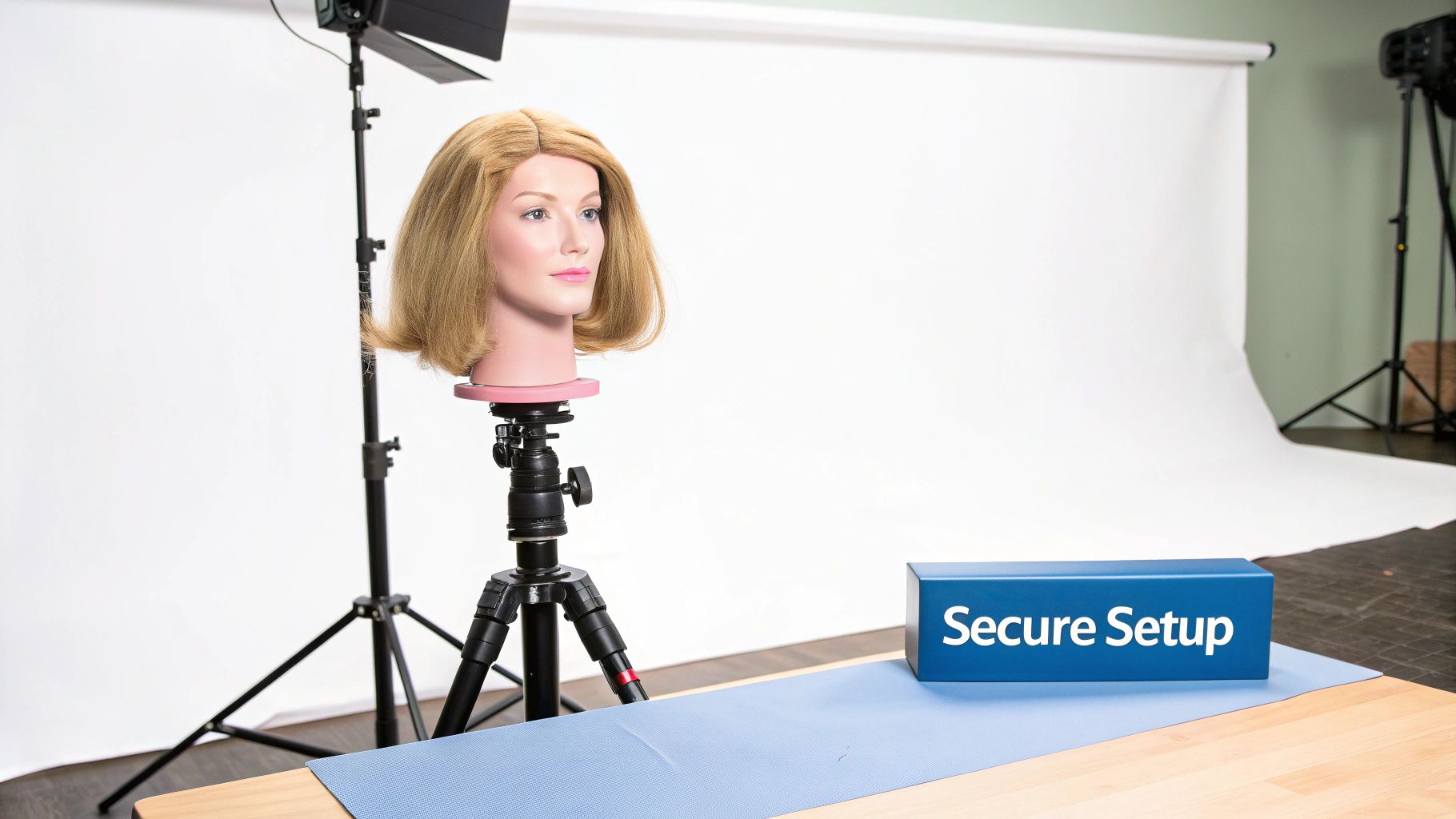 A blonde wig on a mannequin head mounted on a tripod in a photography studio with a 'Secure Setup' box.