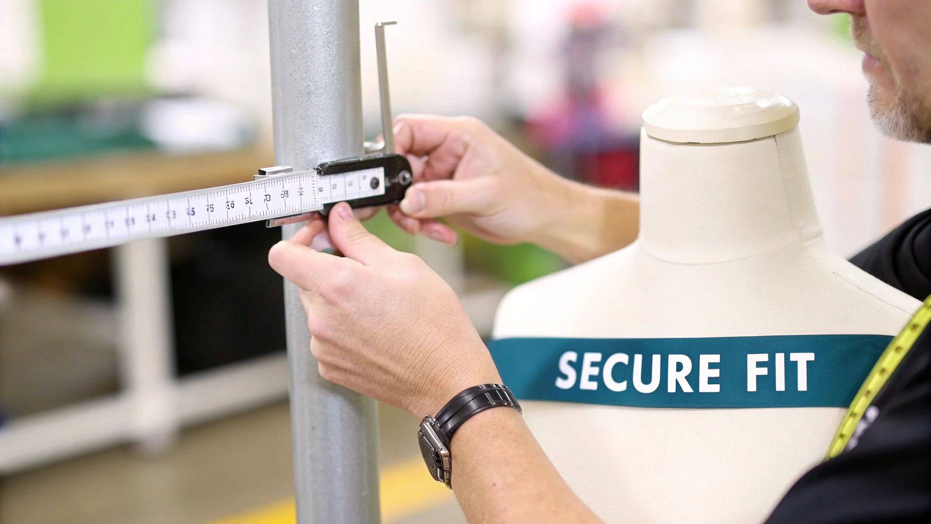 A person adjusting a mannequin on its stand