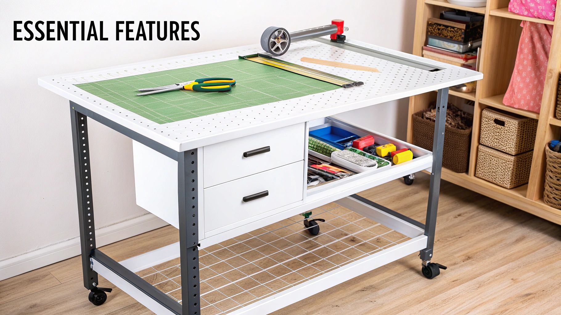 A white adjustable craft table with a green cutting mat, crafting tools, and storage drawers.