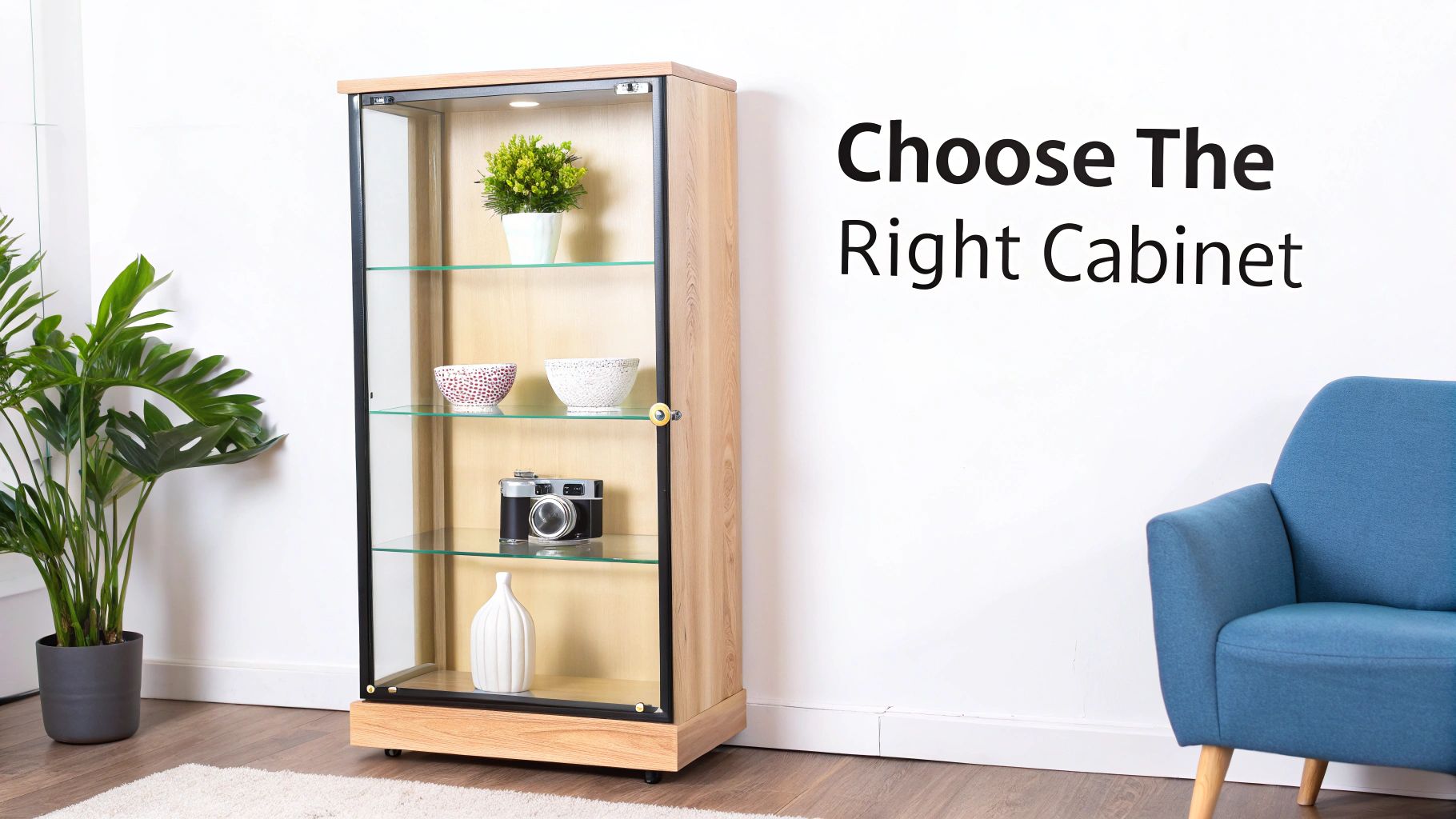A modern light wood display cabinet with glass shelves showcasing decor items in a white room.