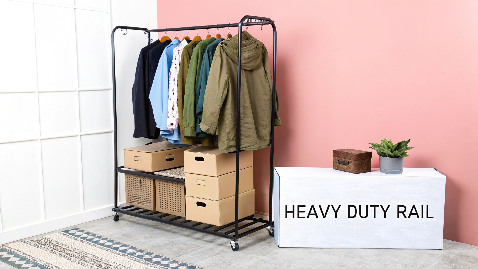 A heavy duty double clothes rail holding multiple garments in a tidy room
