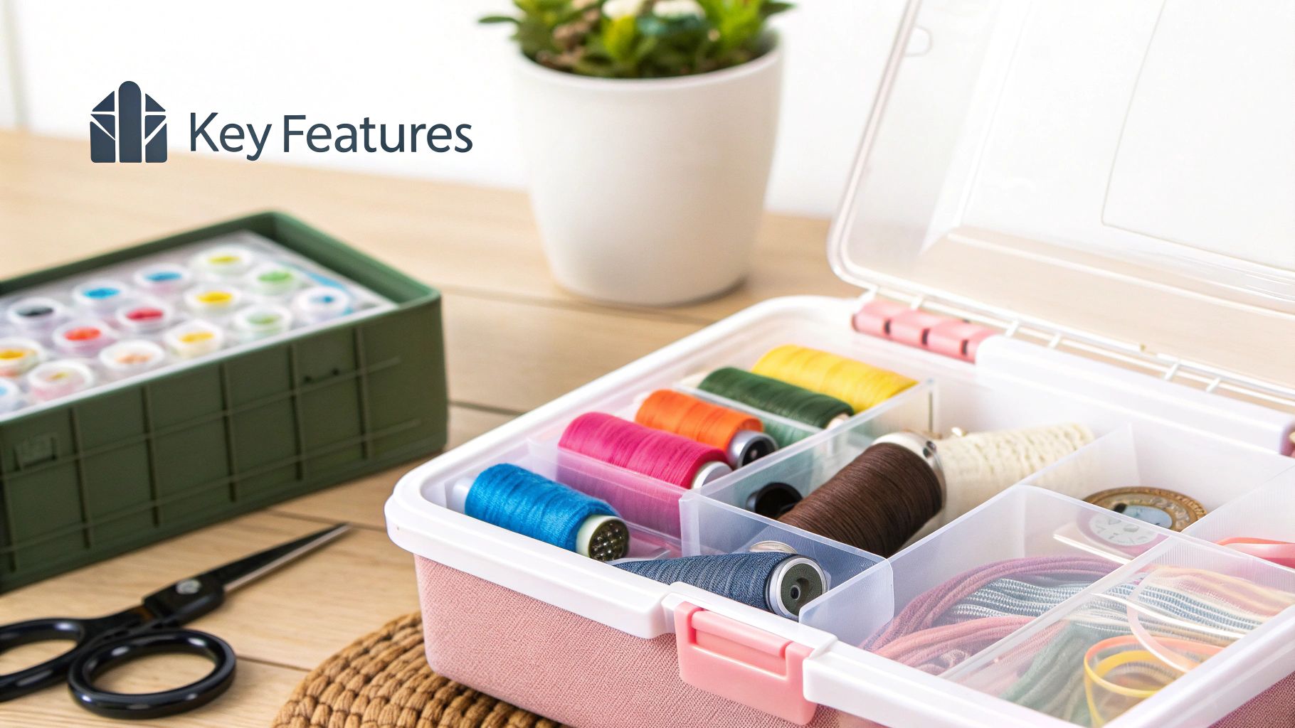 Colorful threads and sewing supplies are neatly organized in a pink multi-compartment storage box.