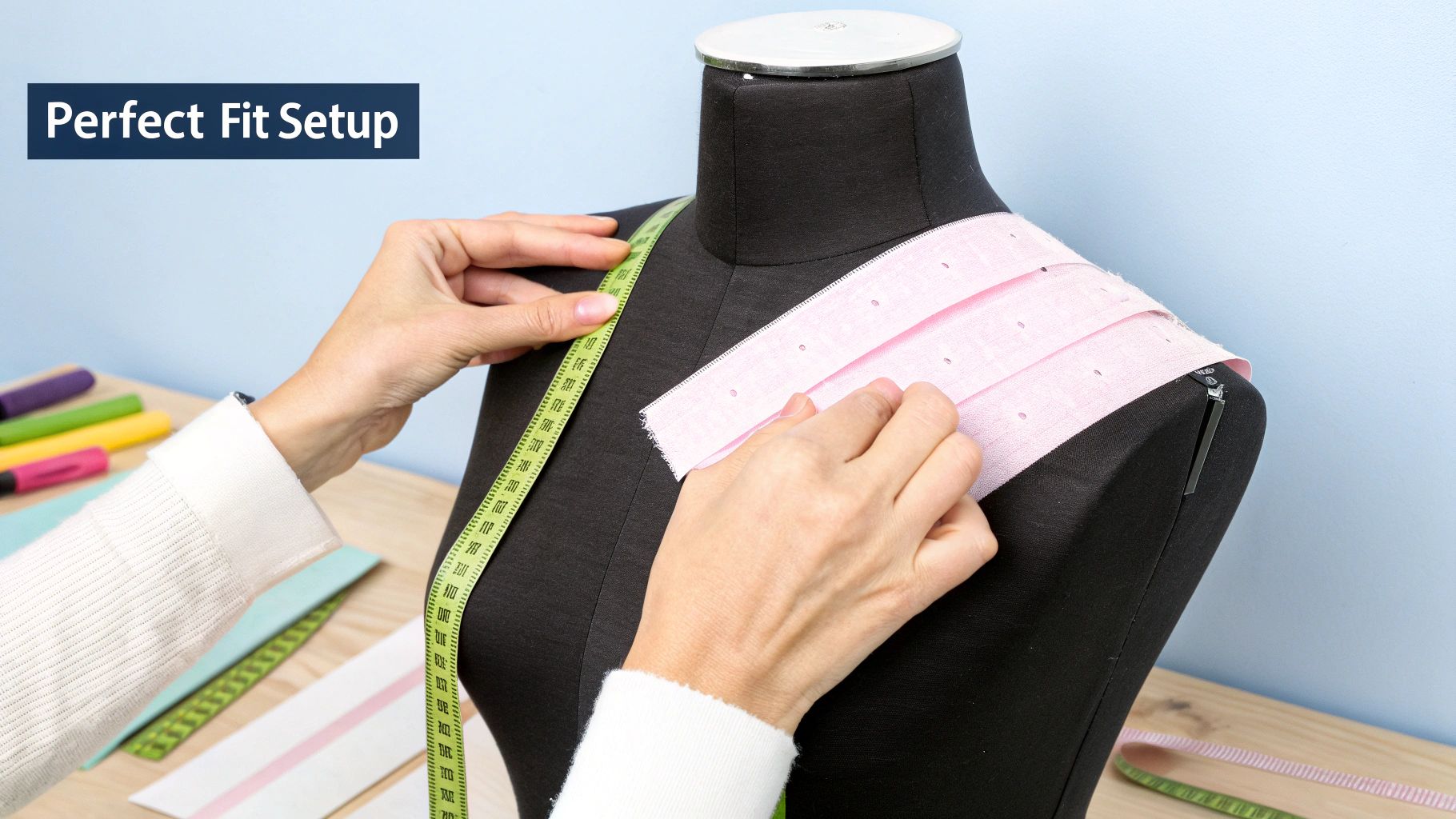 A close-up of hands padding out an adjustable dressmaker form with foam and fabric.
