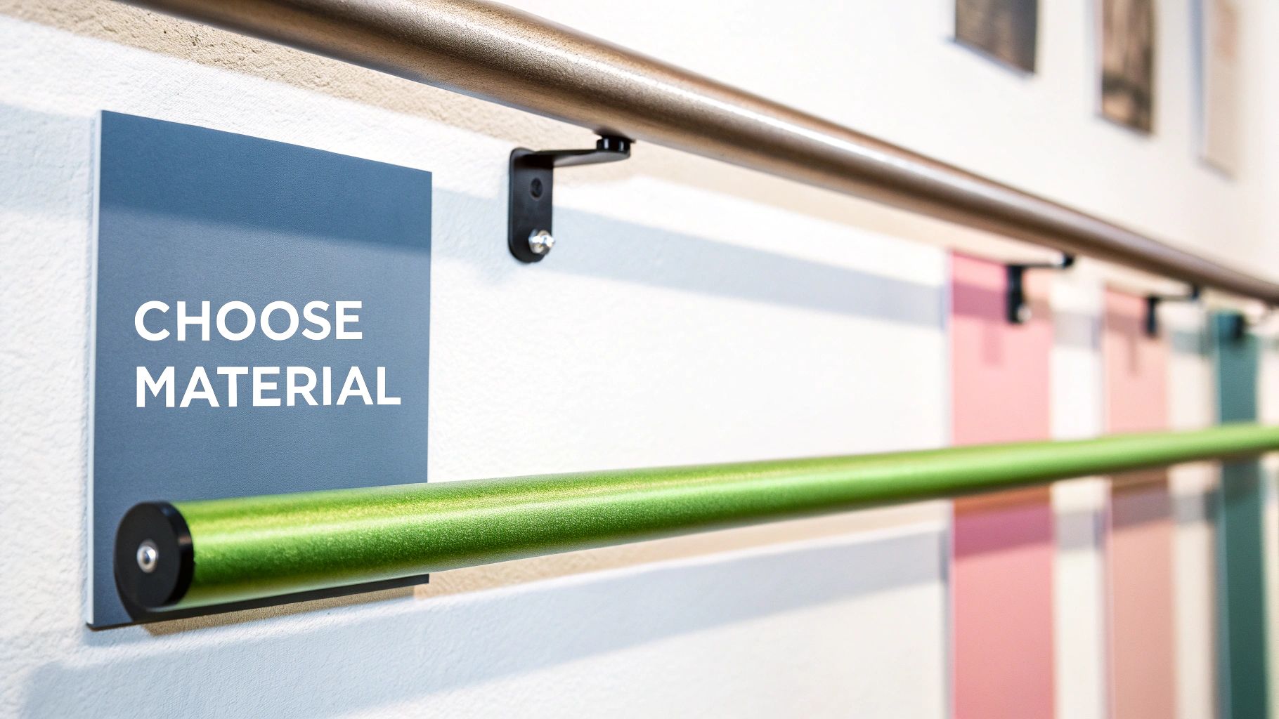 Material selection display showing colorful roll samples mounted on wall-mounted hanging rail system