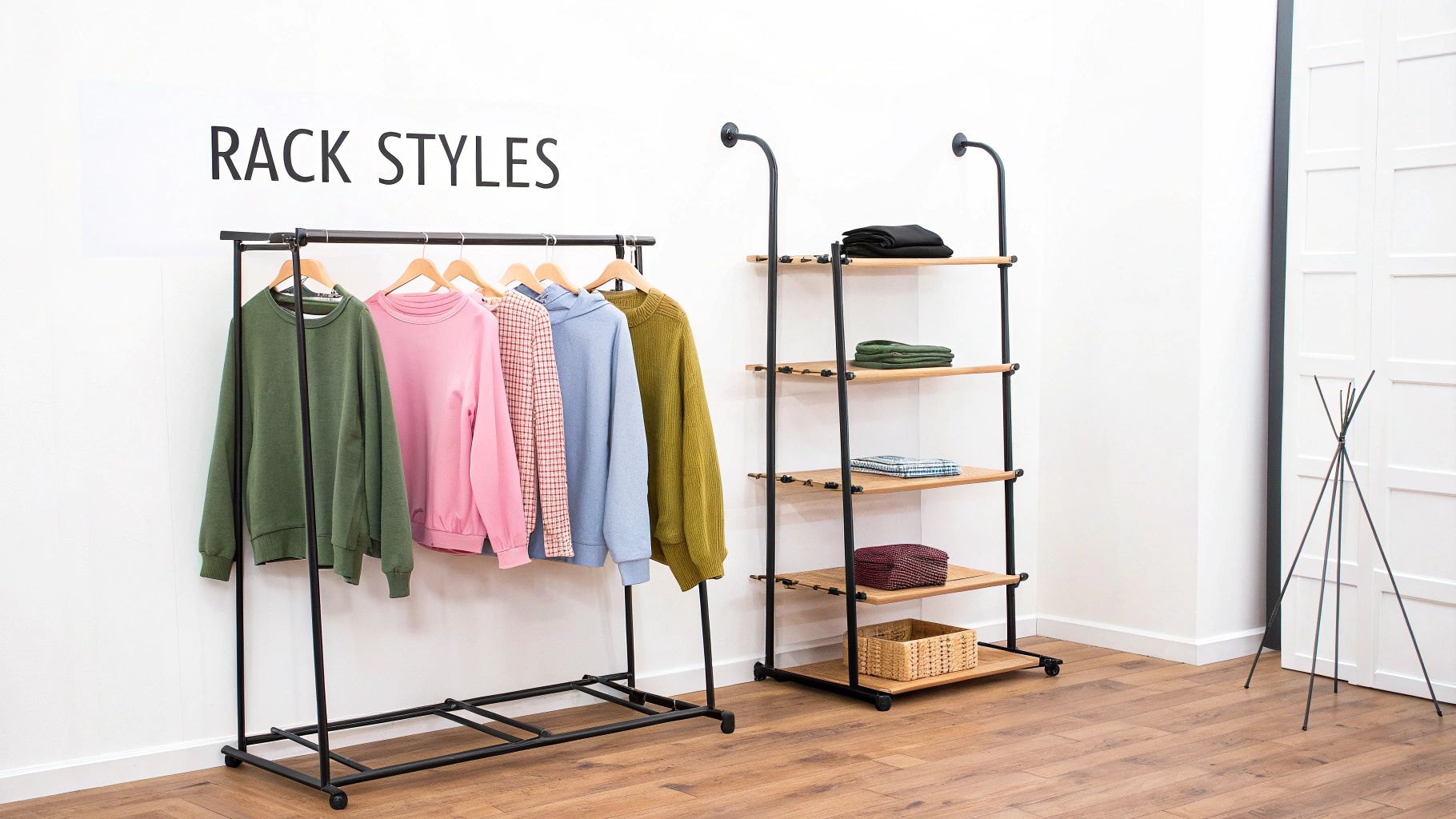 A modern clothing rack with colorful sweaters and a wooden shelving unit in a minimalist room.