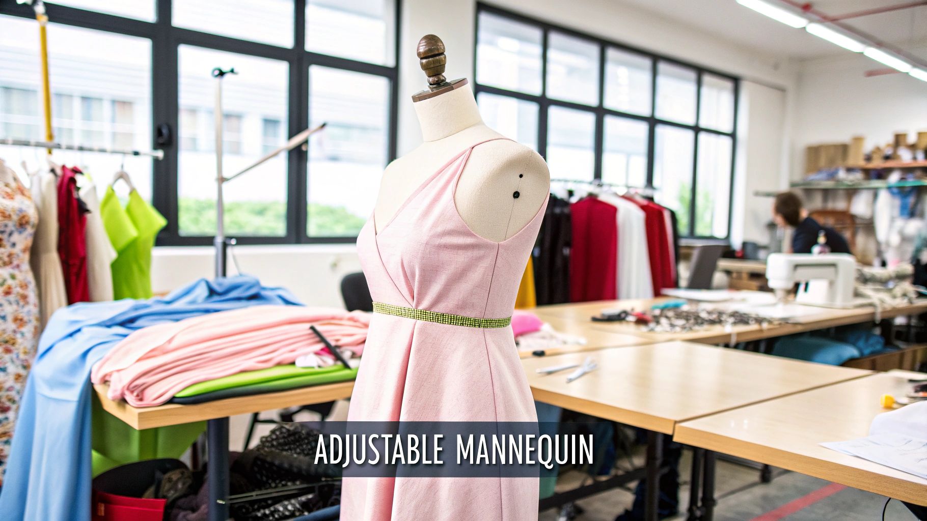 A sewing adjustable mannequin displayed in a well-lit room, ready for a fitting.